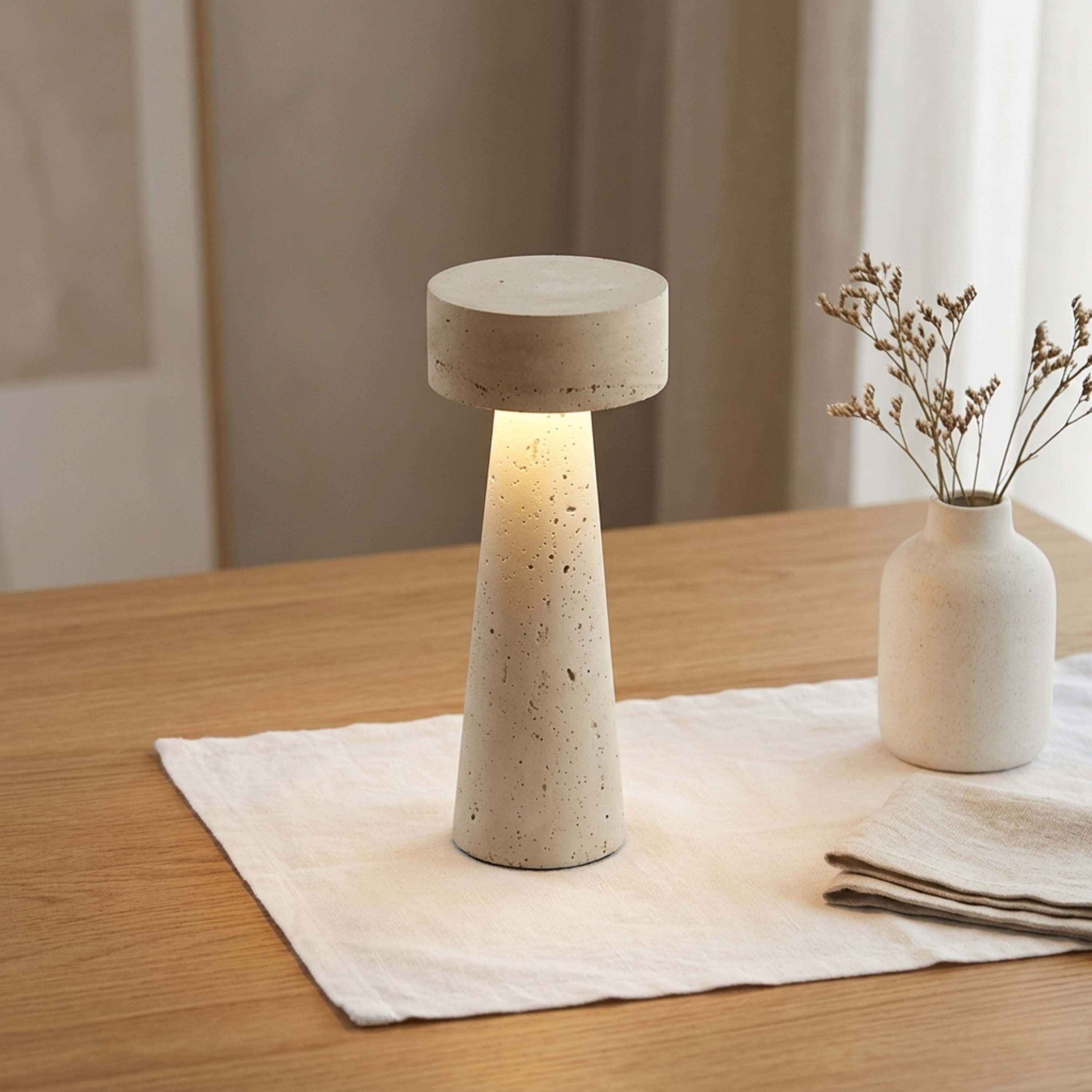 Lampada da tavolo LED a fungo in travertino, stile wabi sabi