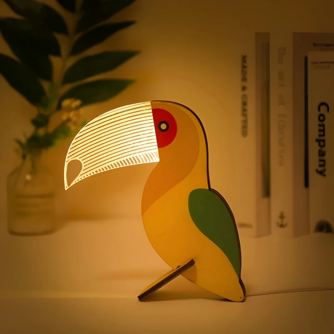 Lampada da tavolo nordica in legno a forma di animale, LED bianco caldo con USB