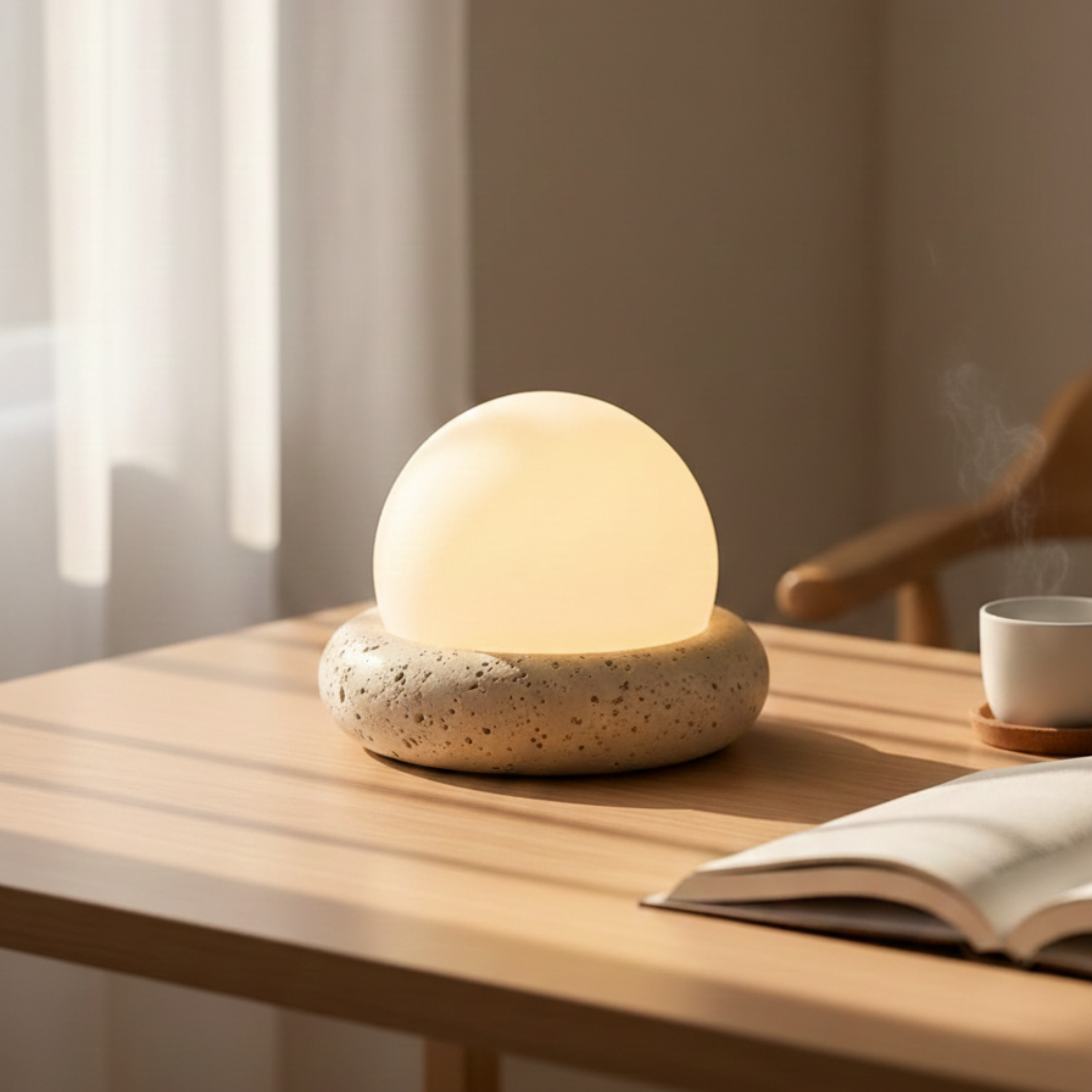 Lampada da tavolo wabi sabi in travertino con globo in vetro bianco da comodino