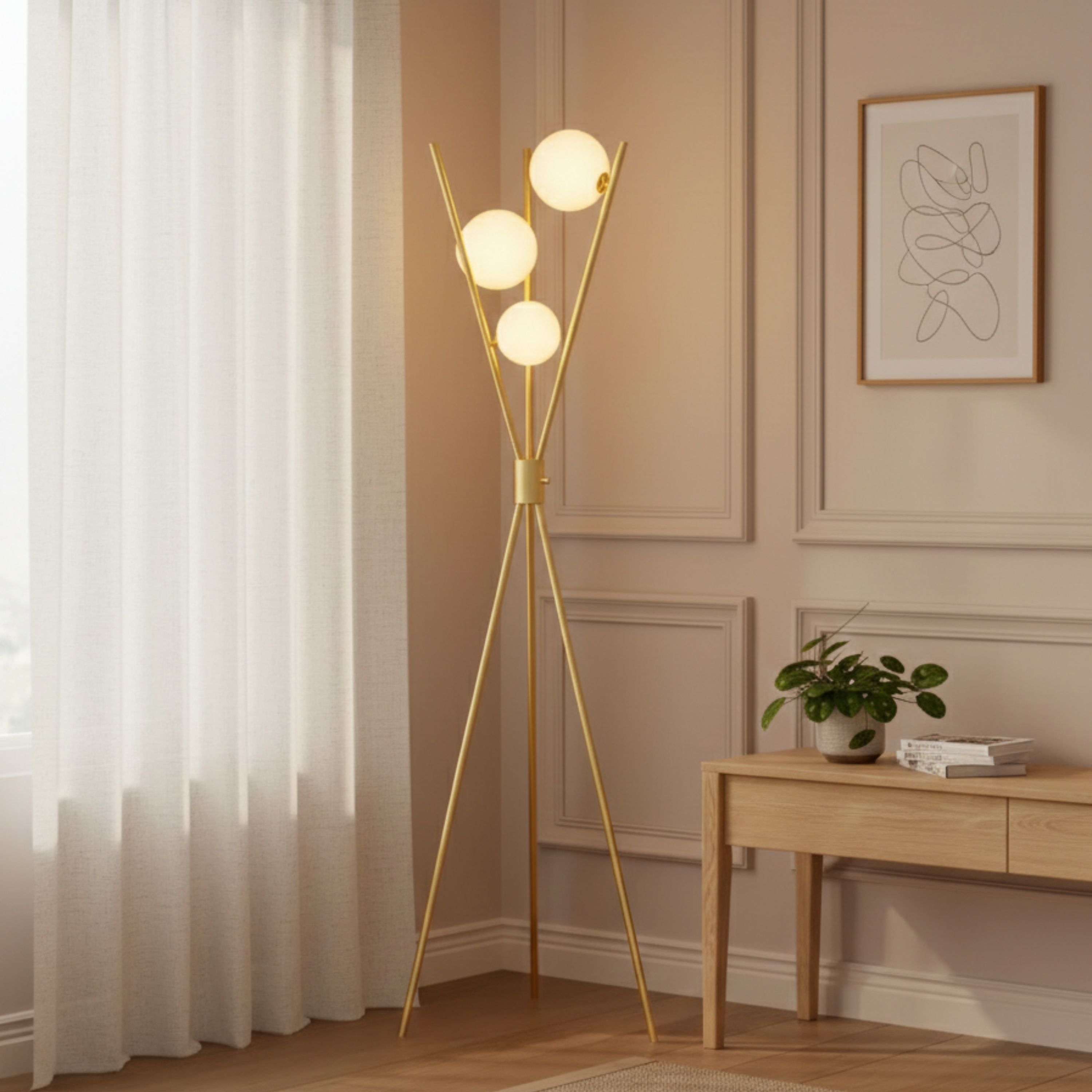 Lampada da terra a treppiede dimmerabile mid century color ottone con tre globi
