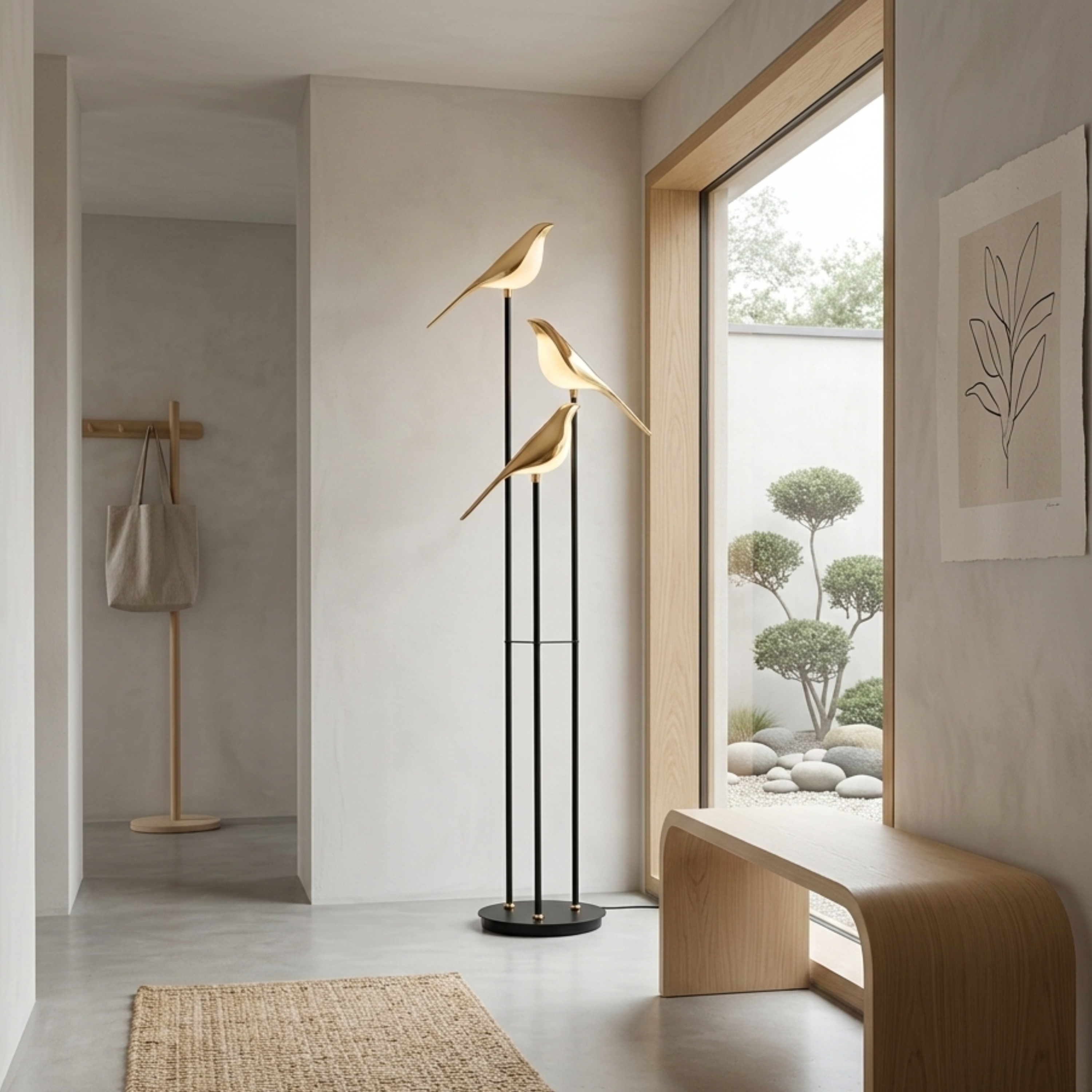 Lampada da terra in metallo nero con tre uccelli luminosi color oro