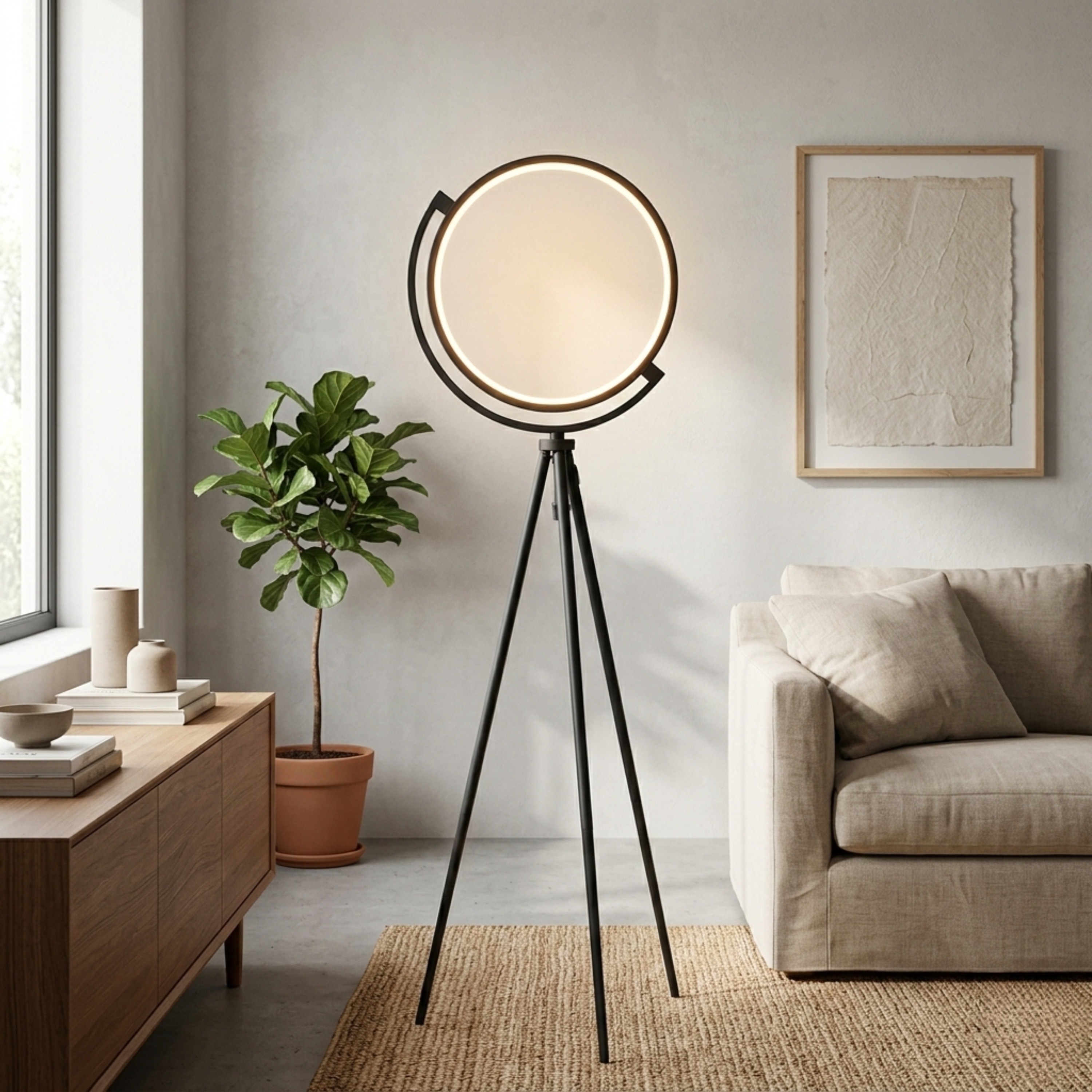 Lampada da terra LED ad anello in alluminio nero minimalista con treppiede