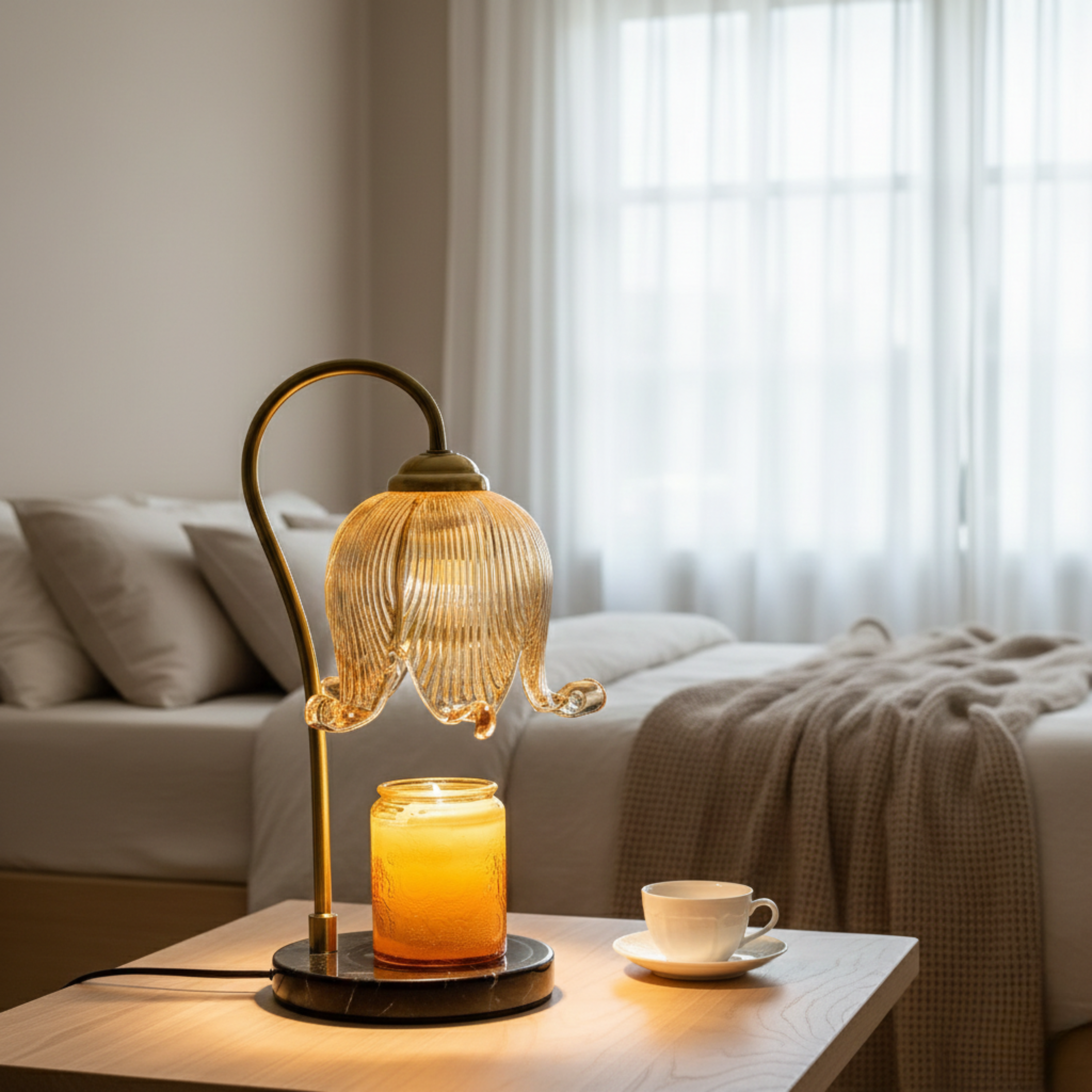 Lampada scaldacandela vintage a tulipano in vetro rigato, lampada da tavolo senza fiamma