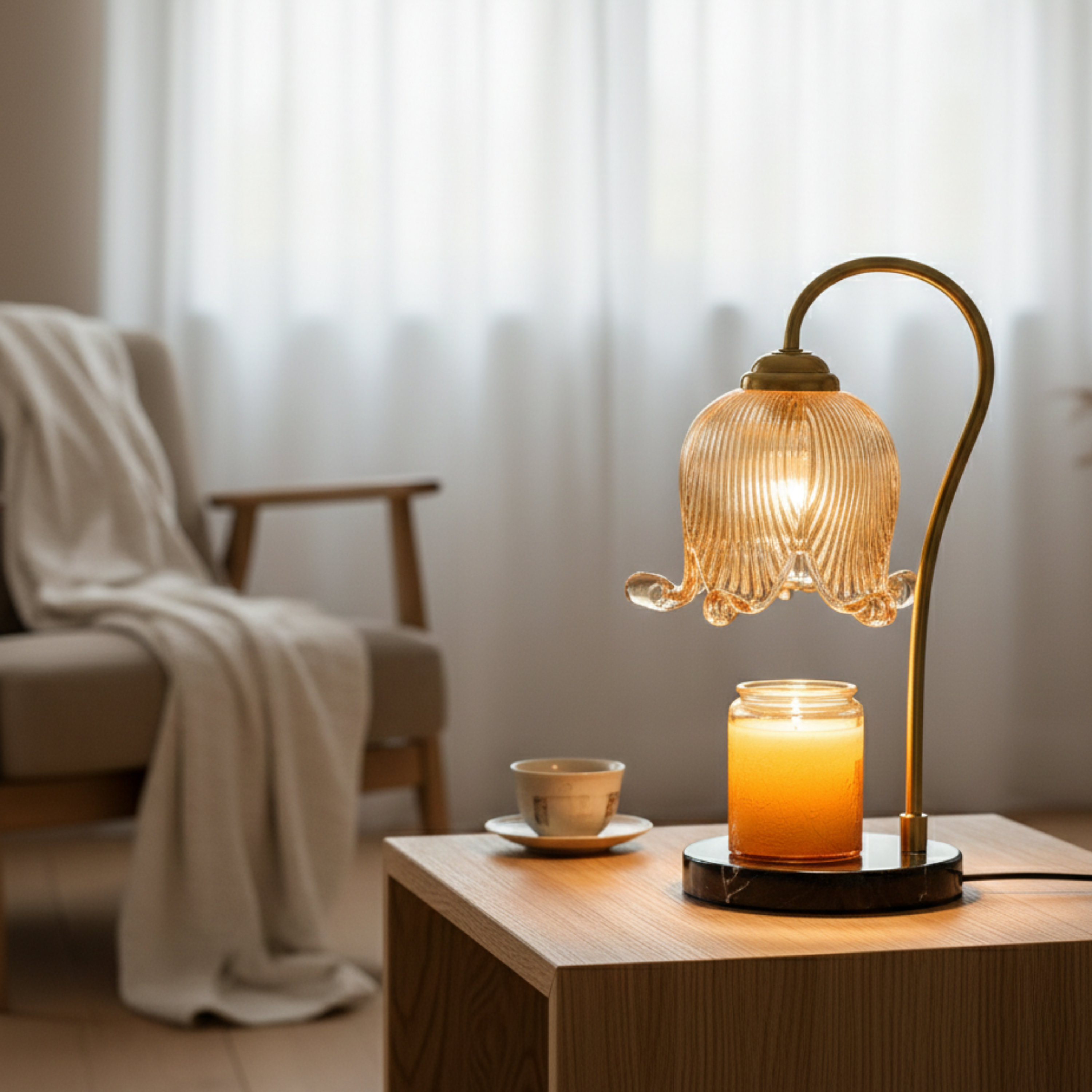 Lampada scaldacandela vintage a tulipano in vetro rigato, lampada da tavolo senza fiamma