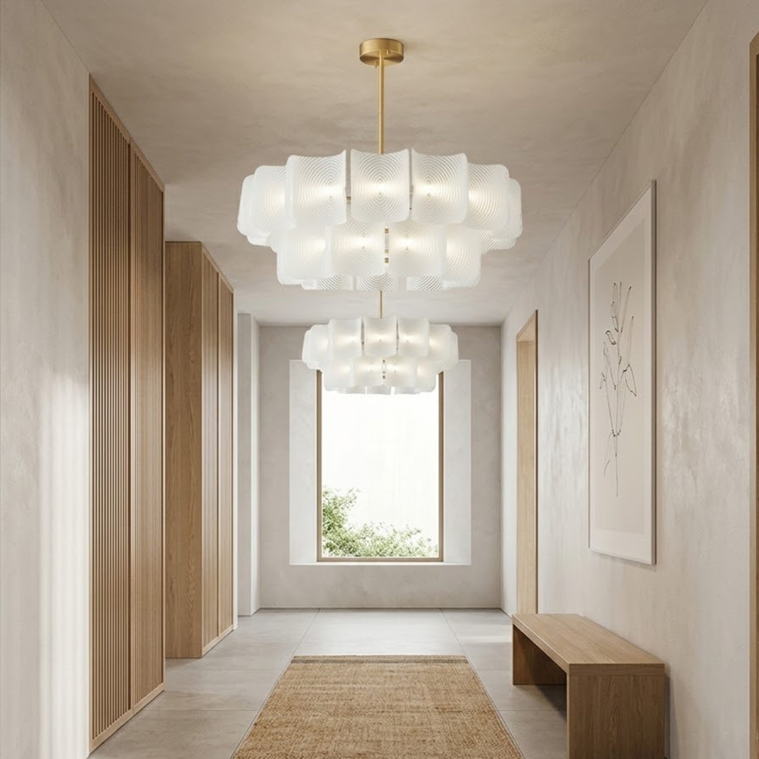 Lampadario a due livelli in rattan intrecciato con struttura in ferro
