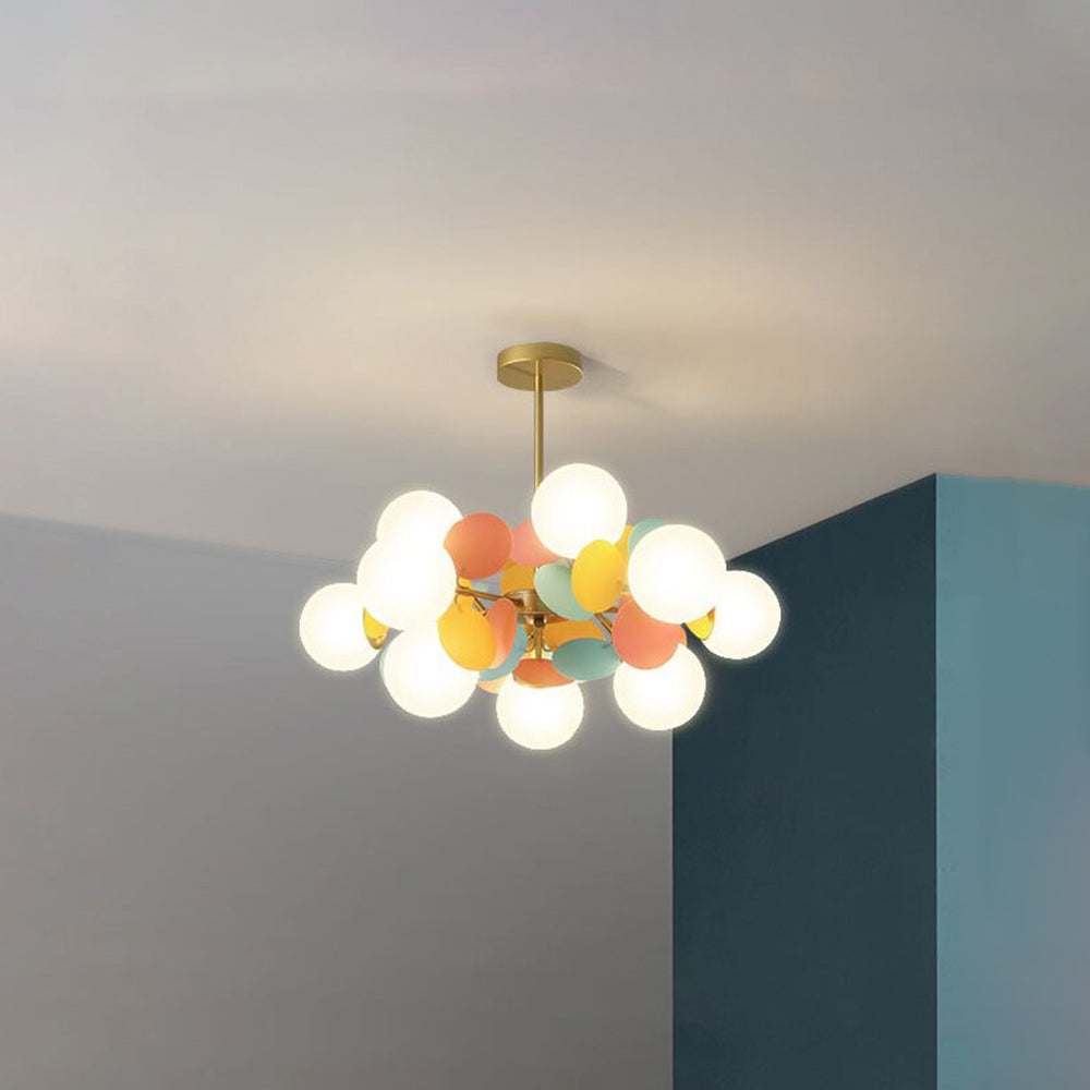 Lampadario a rami con globi in vetro e dischi multicolore, stile botanico per soggiorno