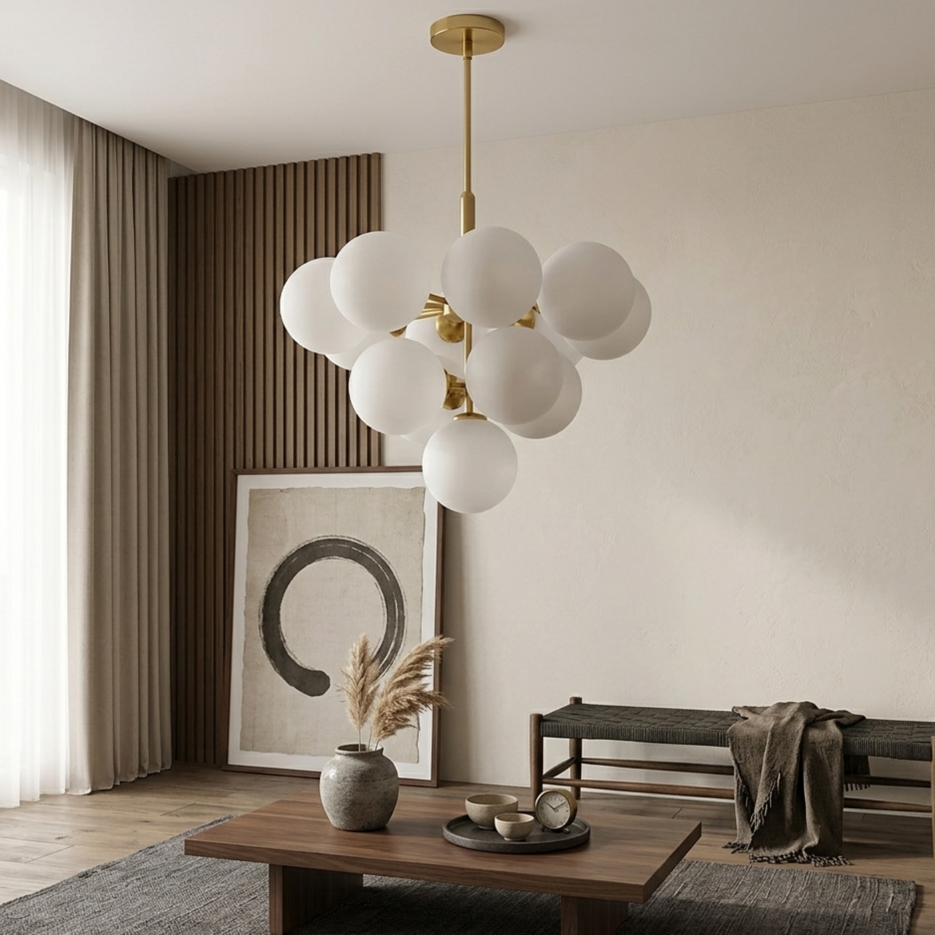 Lampadario a sospensione a grappolo scandinavo oro con globi in vetro