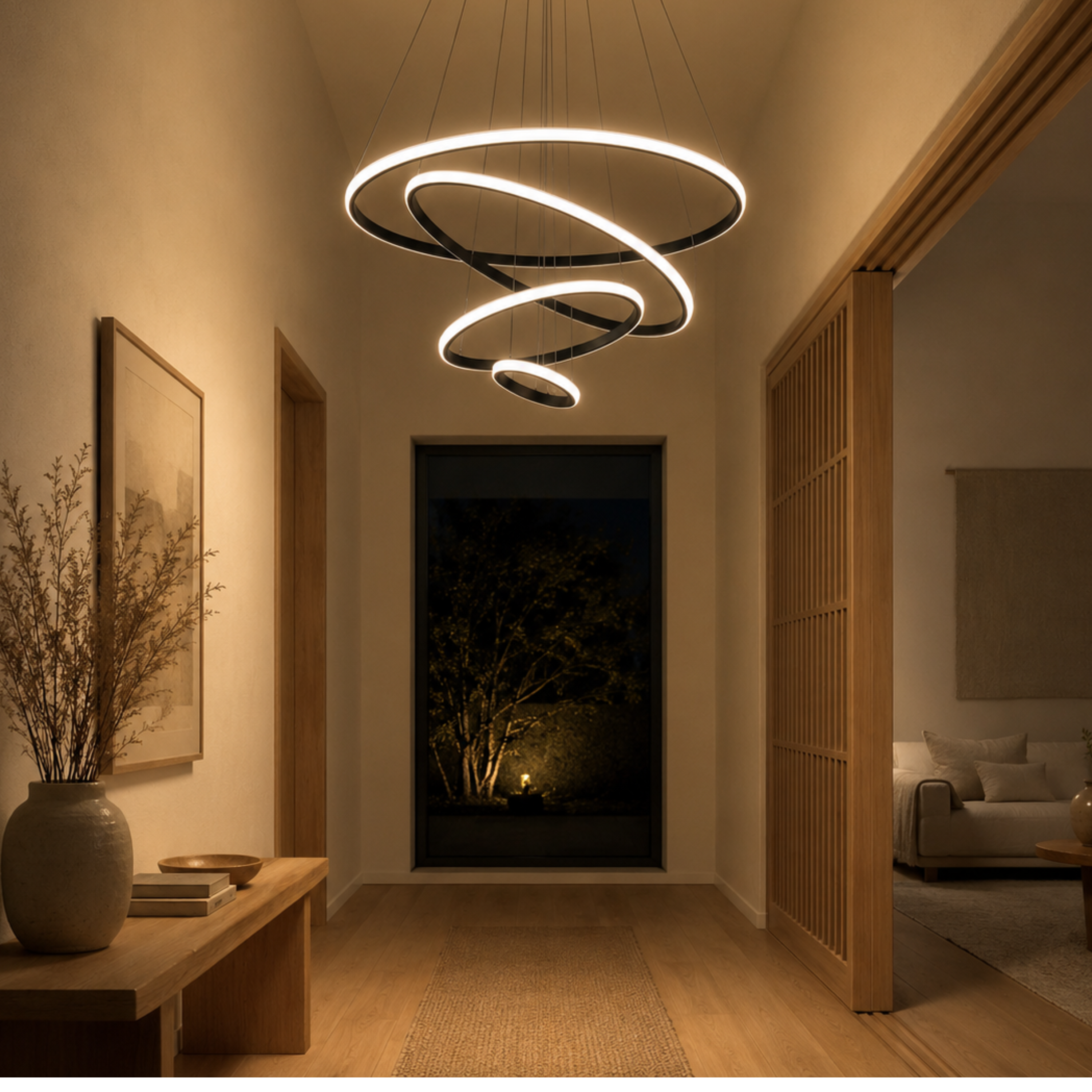 Lampadario a sospensione LED ad anelli color oro