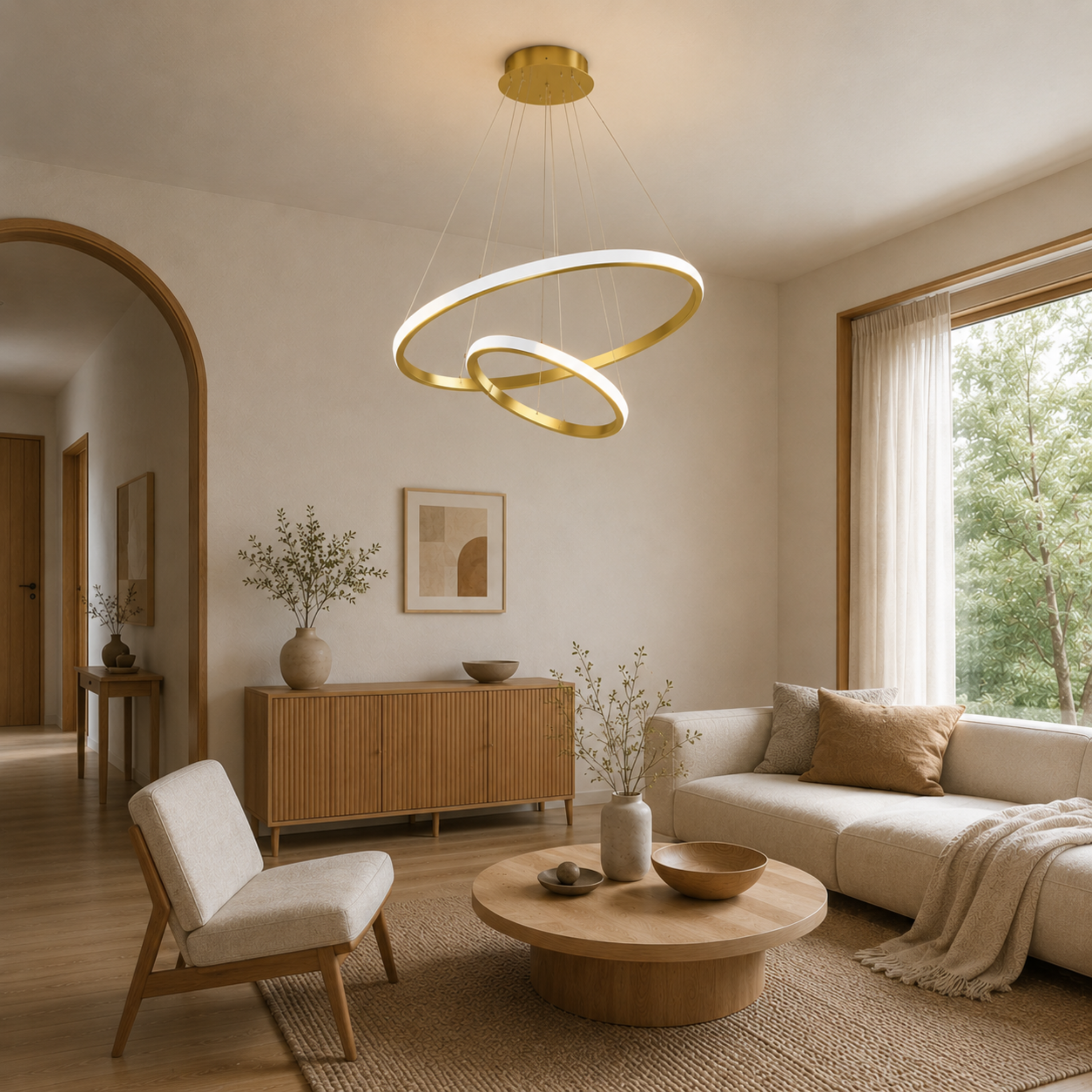 Lampadario a sospensione LED ad anelli color oro