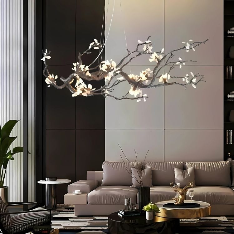 Lampadario Alba a rami in rame con fiori in pietra naturale