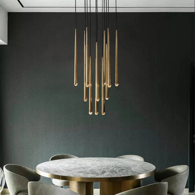 Lampadario contemporaneo a bacchette LED per soggiorno con soffitti alti e ingresso
