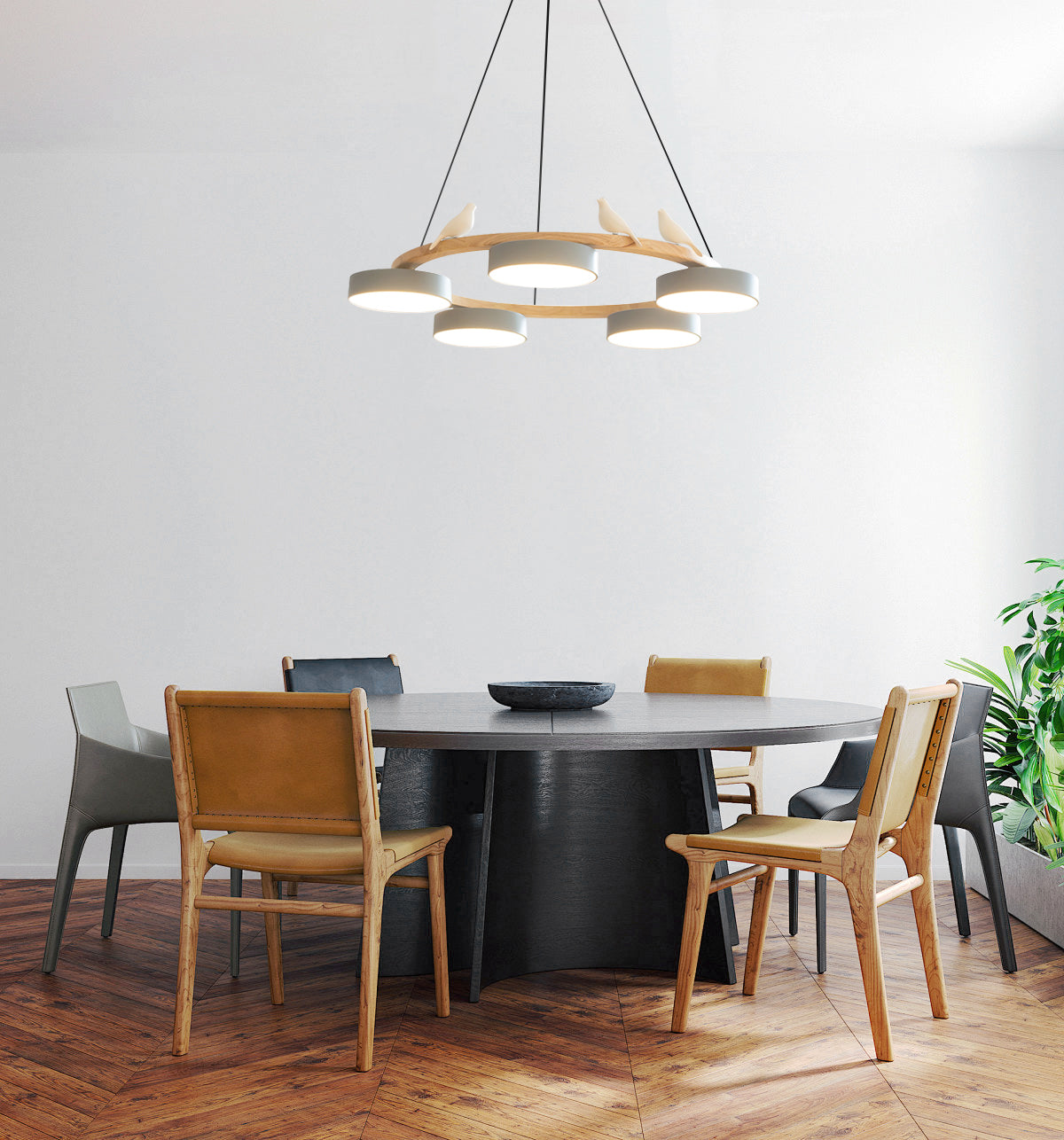 Lampadario LED nordico con anello in legno, paralumi cilindrici multicolore e decoro a uccellino