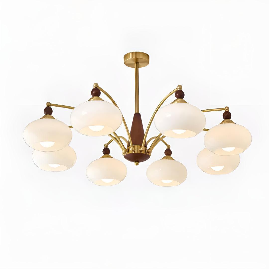 Lampadario mid century in ottone con paralumi in vetro per sala da pranzo