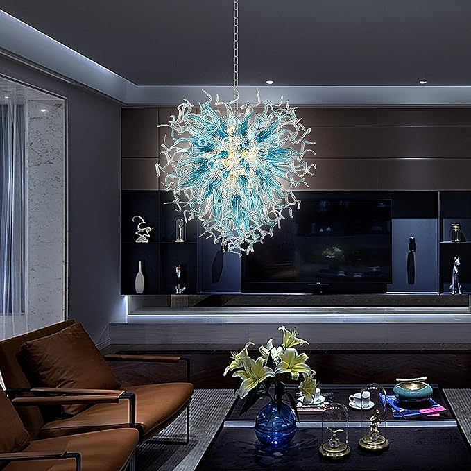 Lampadario moderno in vetro blu acqua