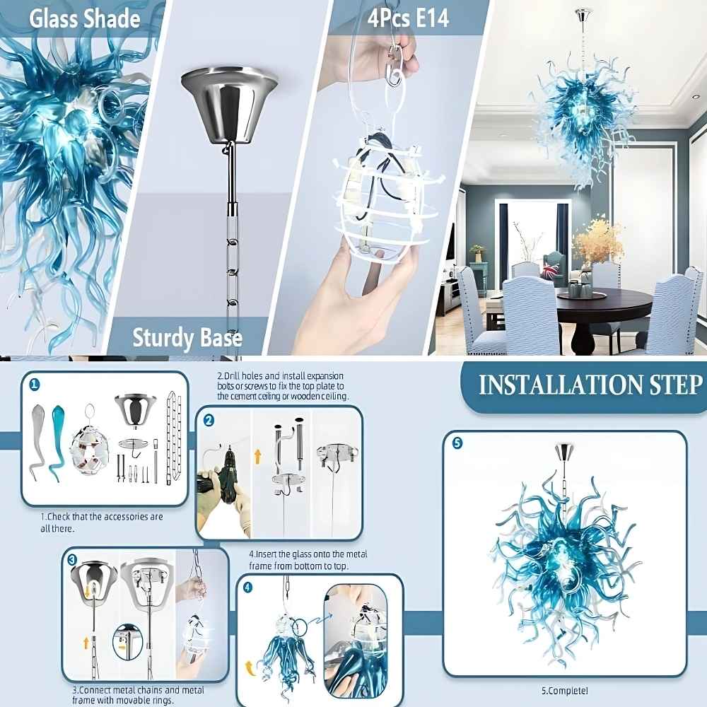 Lampadario moderno in vetro blu acqua