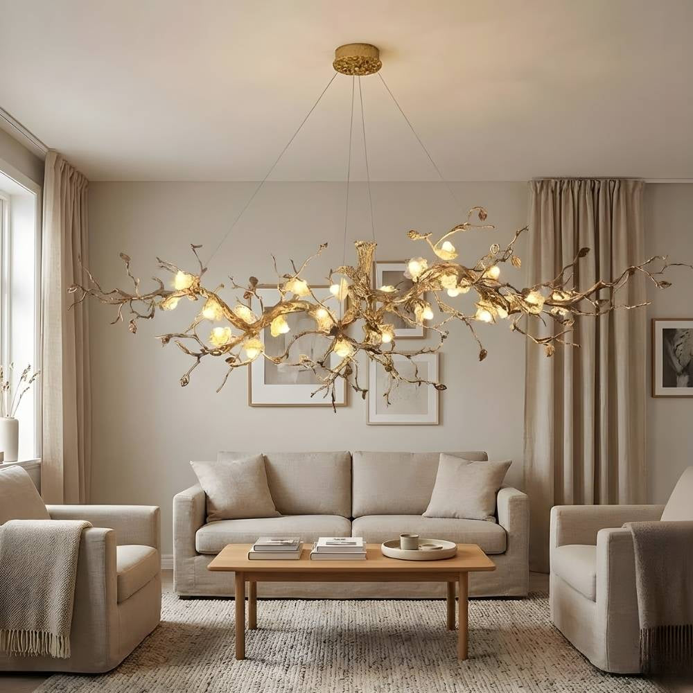 Lampadario Noa a rami con fiori in vetro e struttura in rame