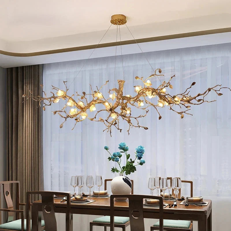 Lampadario Noa a rami con fiori in vetro e struttura in rame
