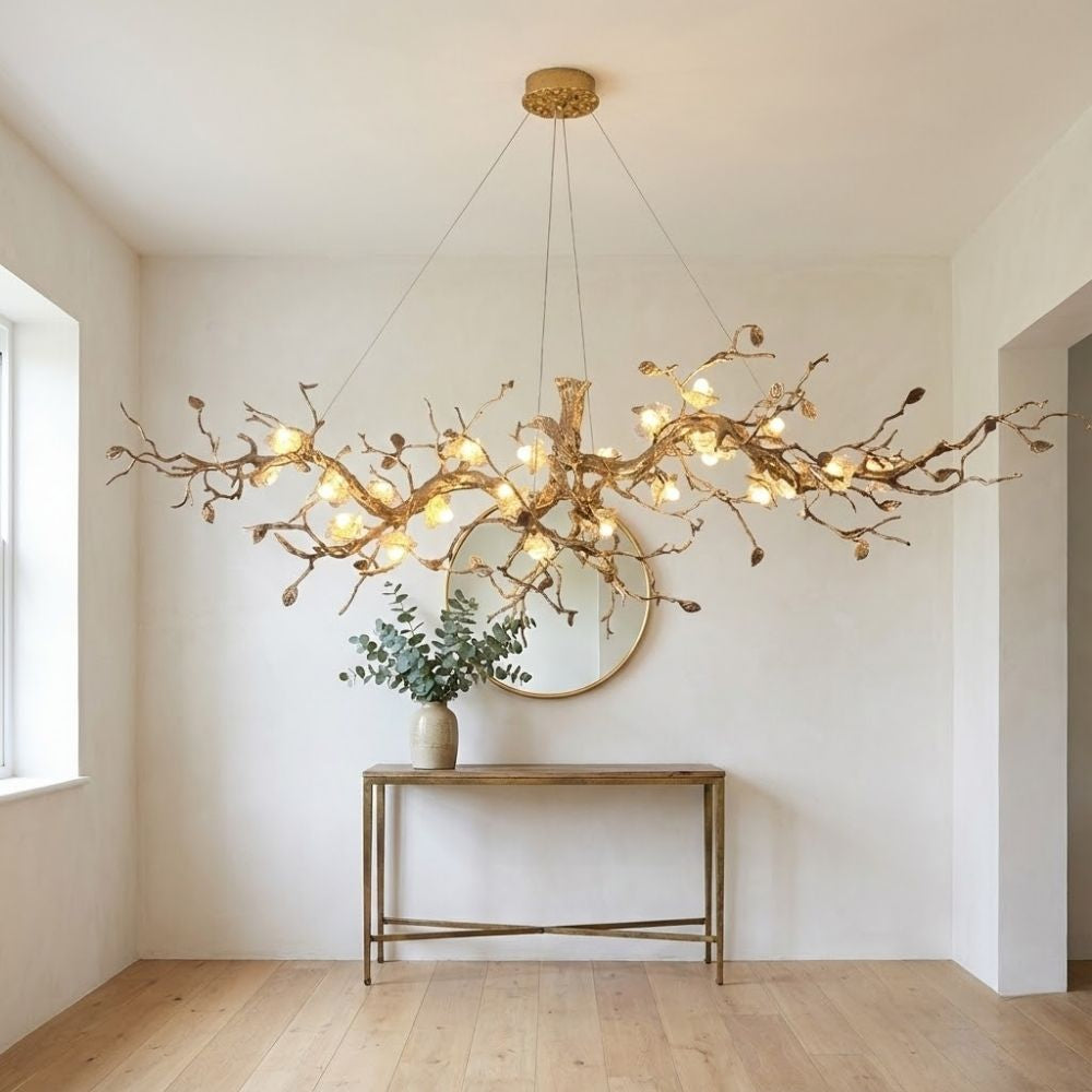 Lampadario Noa a rami con fiori in vetro e struttura in rame