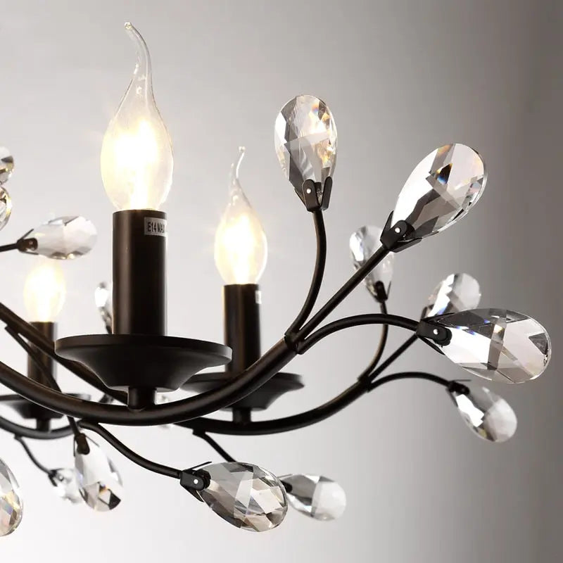 Lampadario rustico in ferro battuto a 12 luci con cristalli, nero o oro