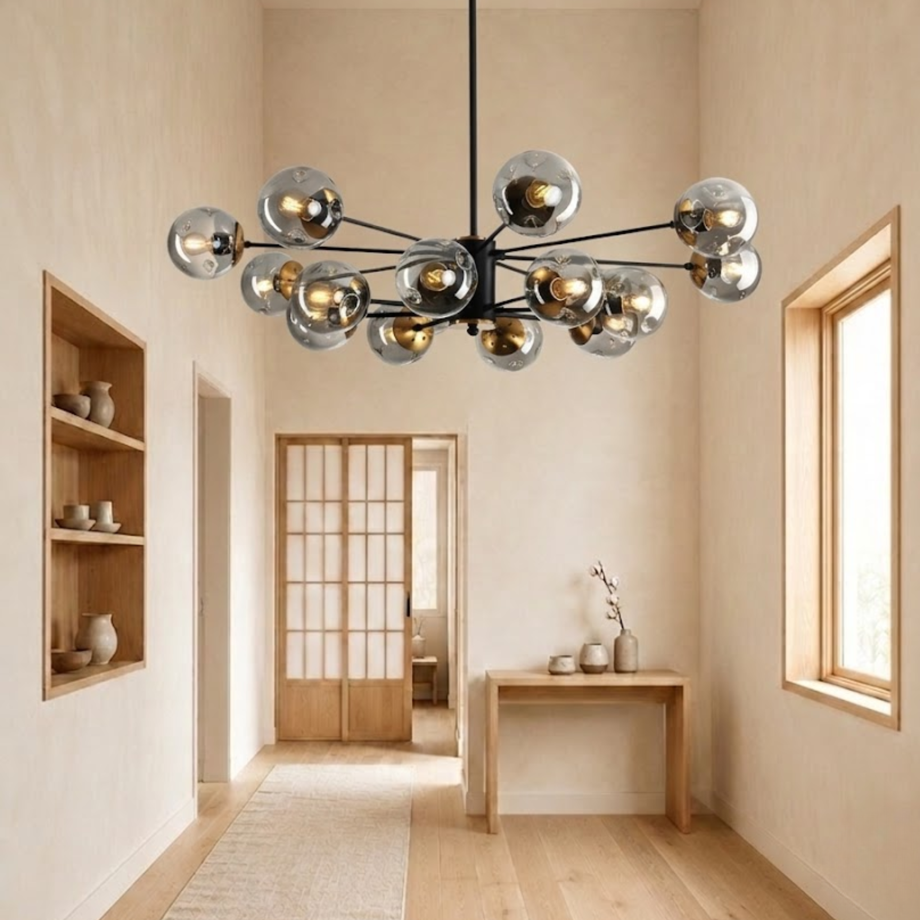 Lampadario sputnik nero mid century con globi in vetro fumé
