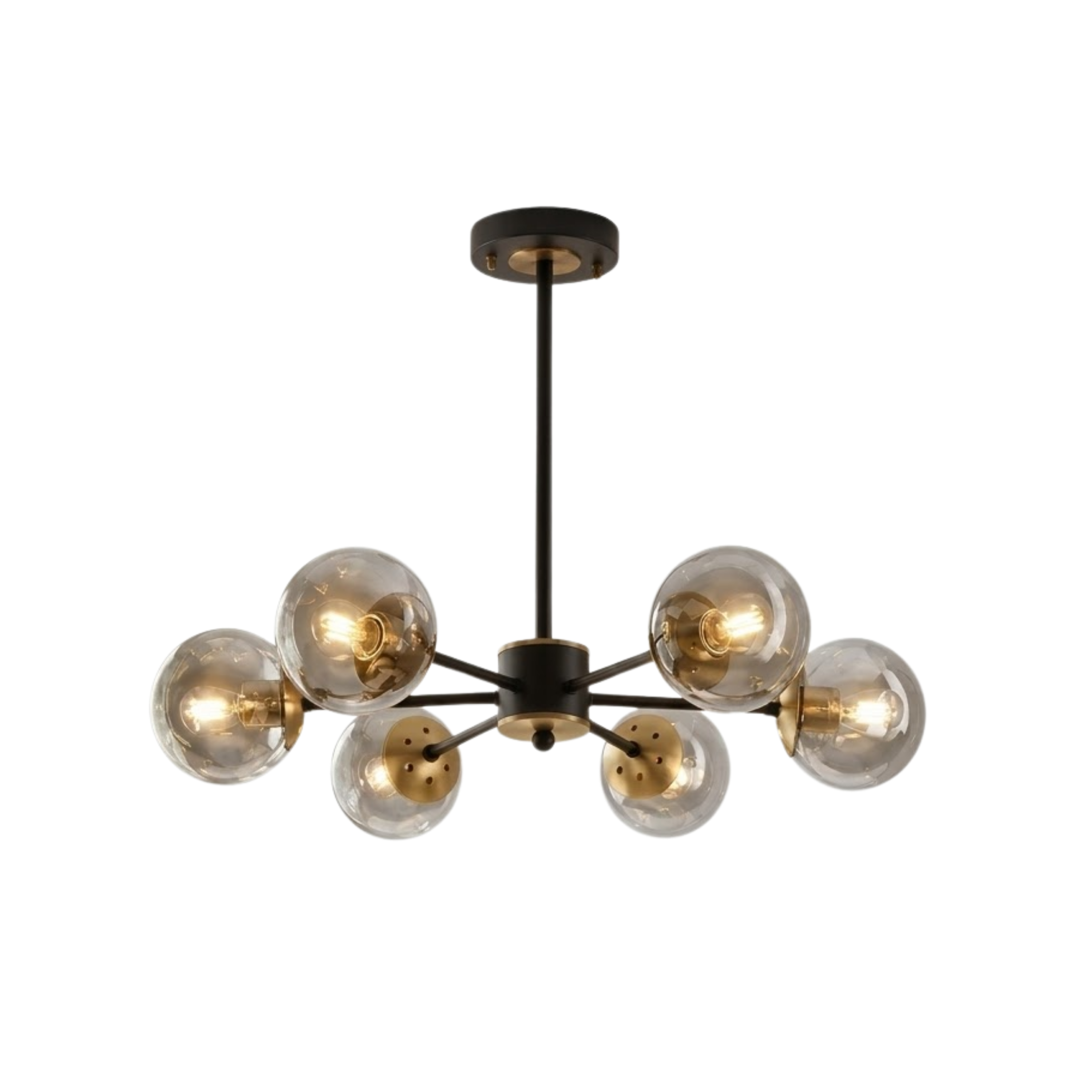 Lampadario sputnik nero mid century con globi in vetro fumé