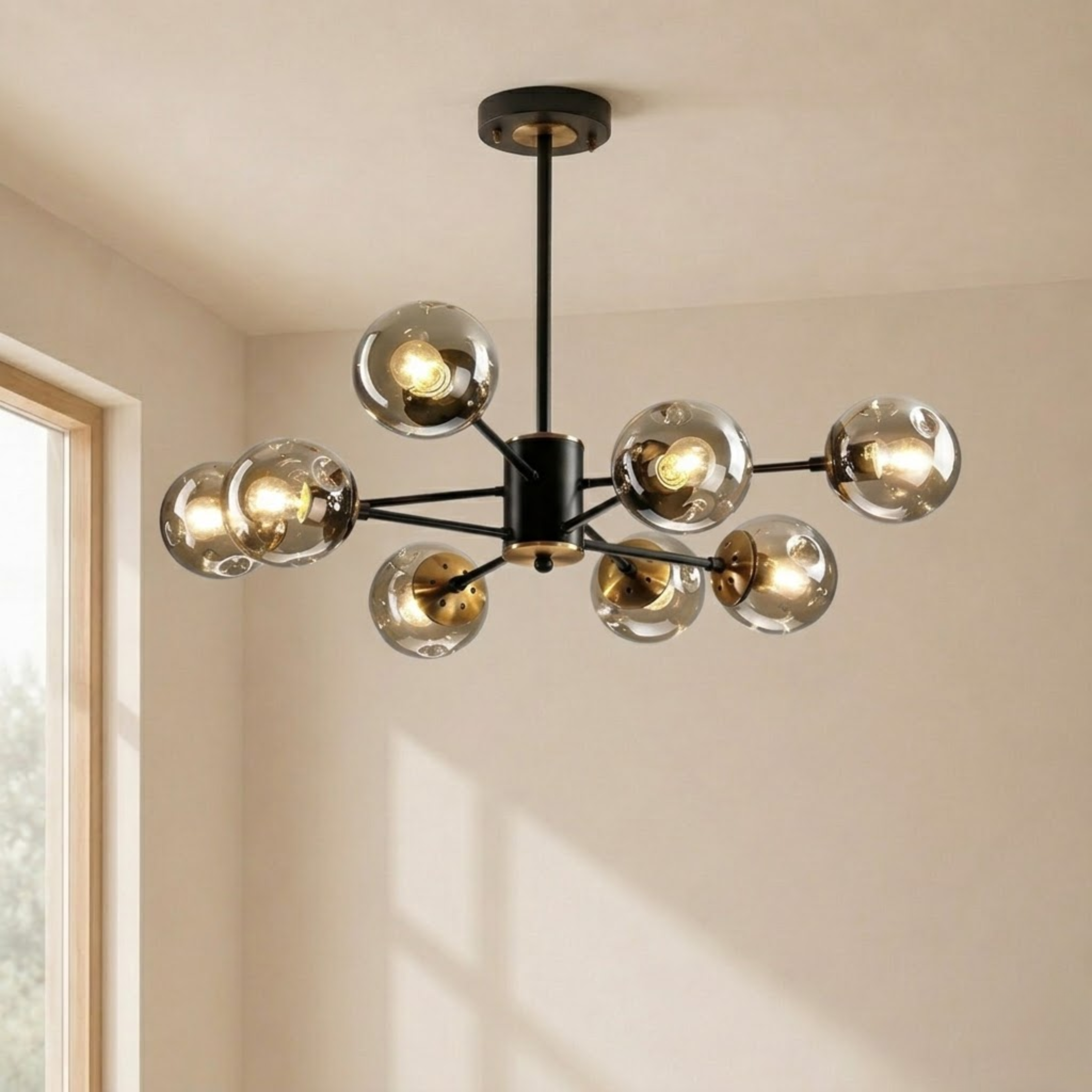 Lampadario sputnik nero mid century con globi in vetro fumé