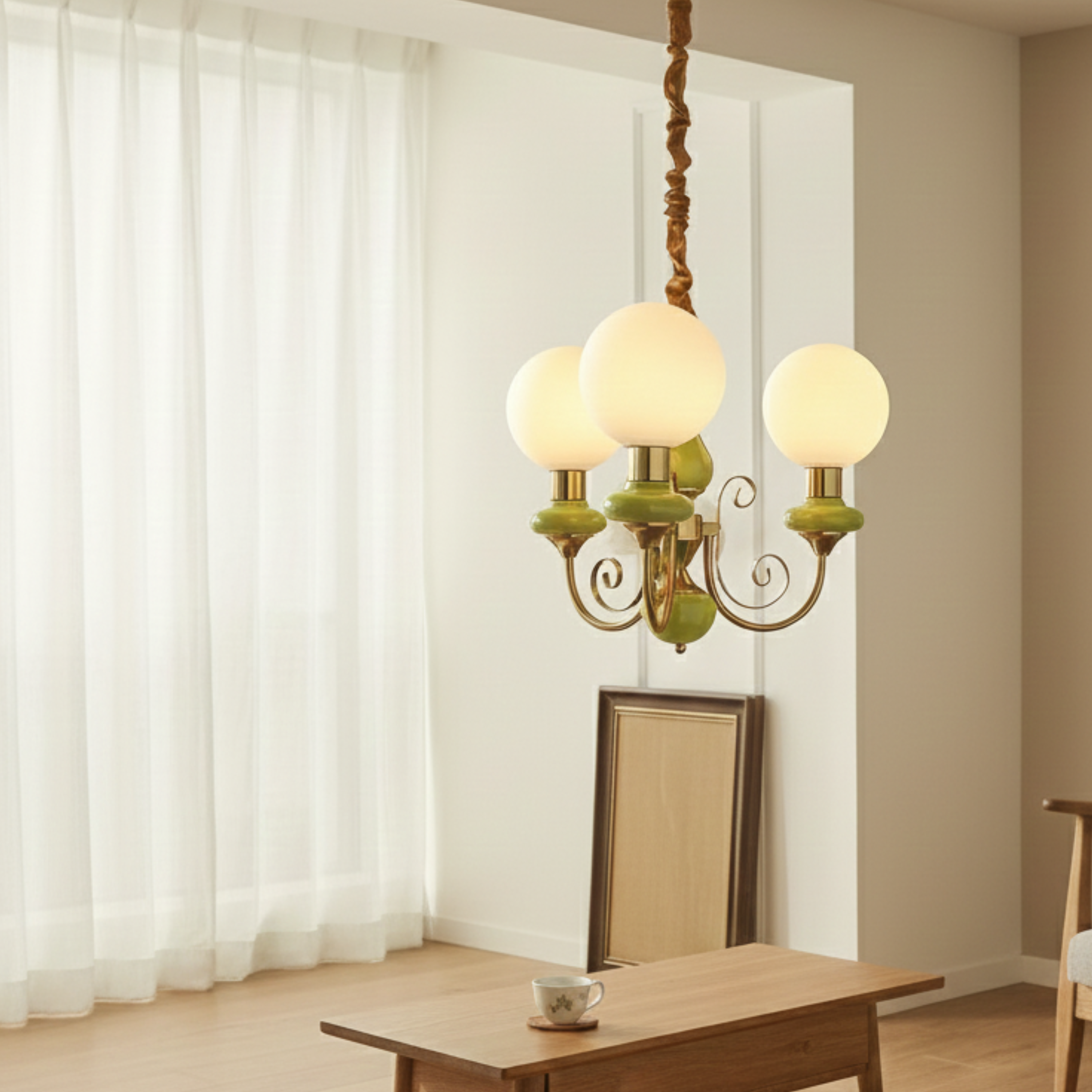 Lampadario vintage in onice verde e oro con globi opalini