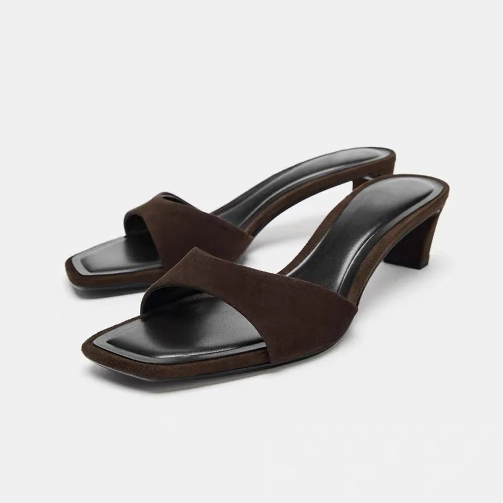 Leopolda mules donna con tacco basso e punta quadrata in similcamoscio, foto 7