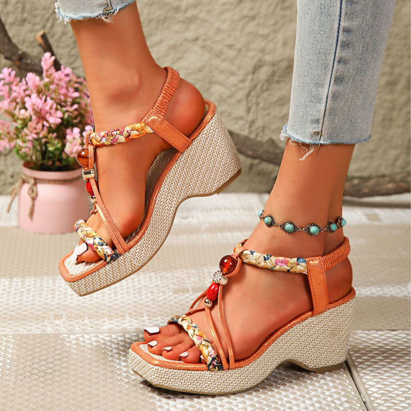 Penelope sandali donna con zeppa intrecciata e fasce decorate, foto 1