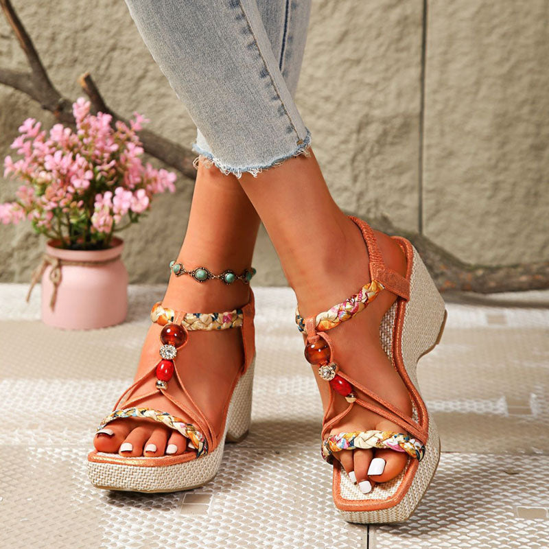 Penelope sandali donna con zeppa intrecciata e fasce decorate, foto 4