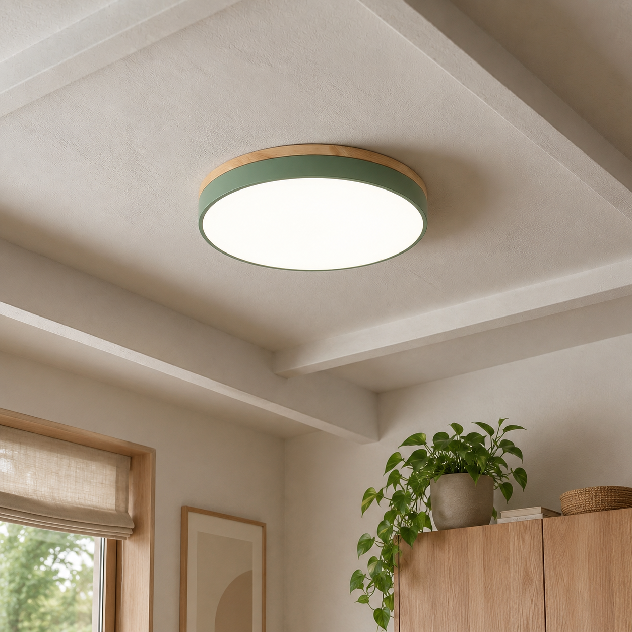 Plafoniera a soffitto rotonda con bordo in legno
