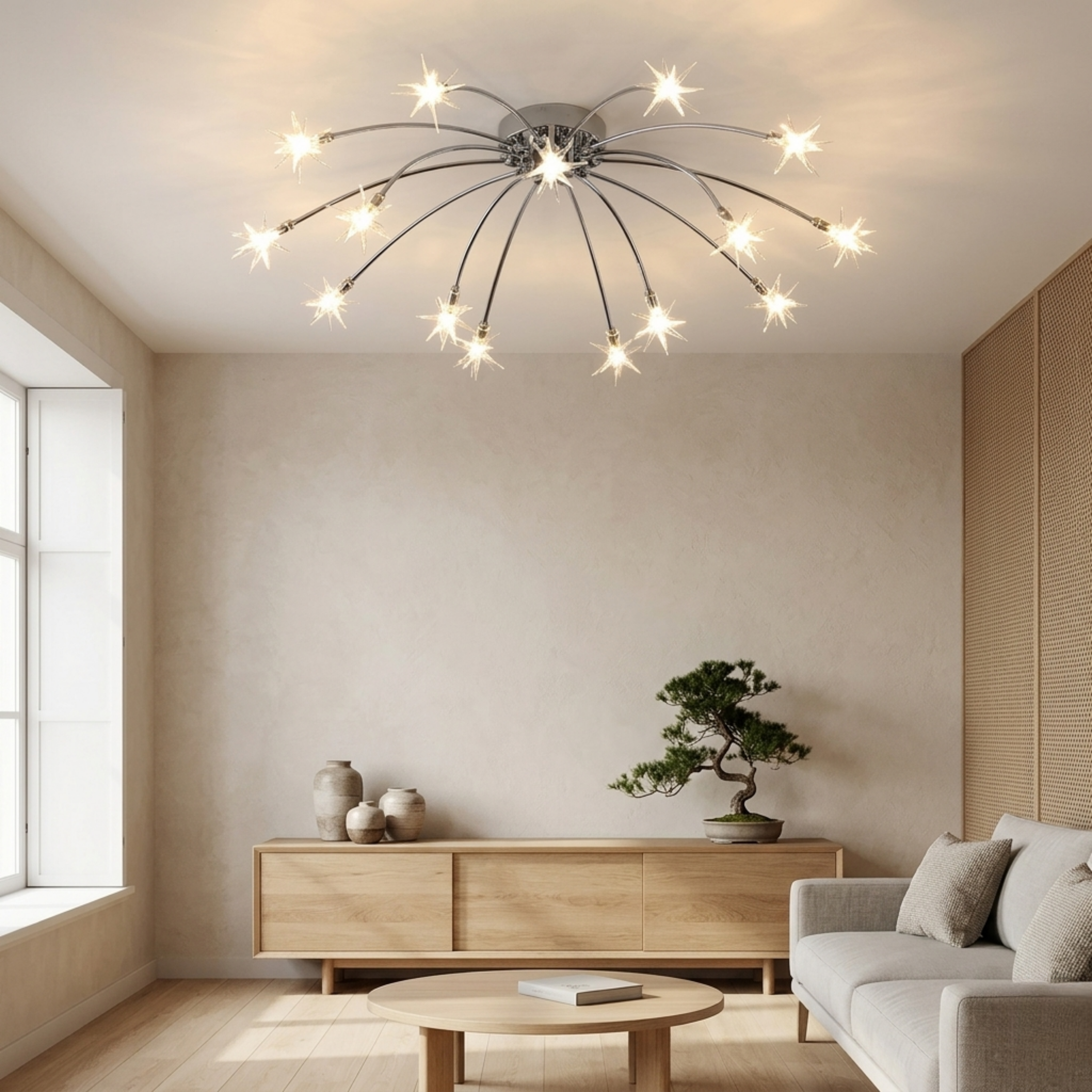 Plafoniera LED art deco sputnik a raggiera con punti luce a forma di stella