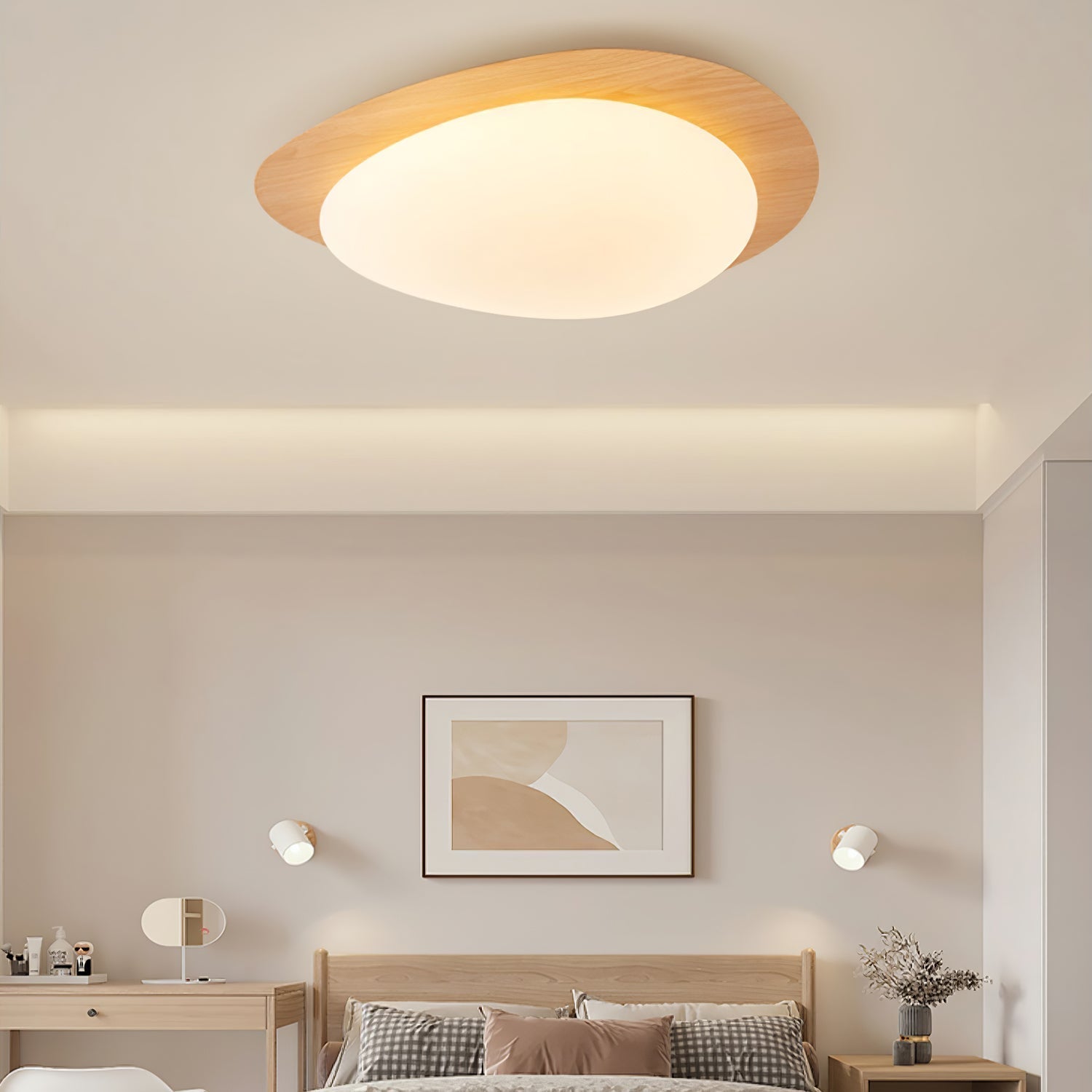 Plafoniera LED japandi a ciottolo con venatura del legno noce