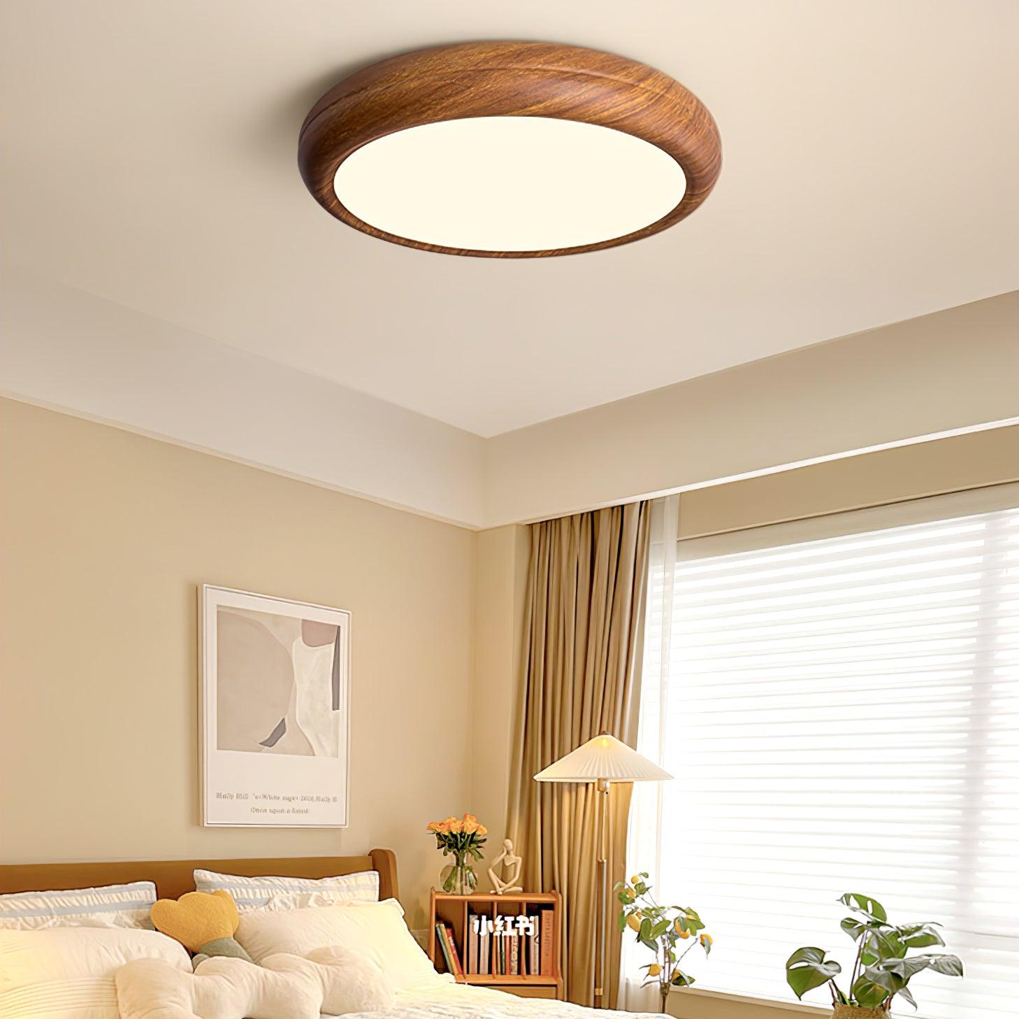 Plafoniera LED rotonda a soffitto con venatura del legno, stile japandi e scandinavo