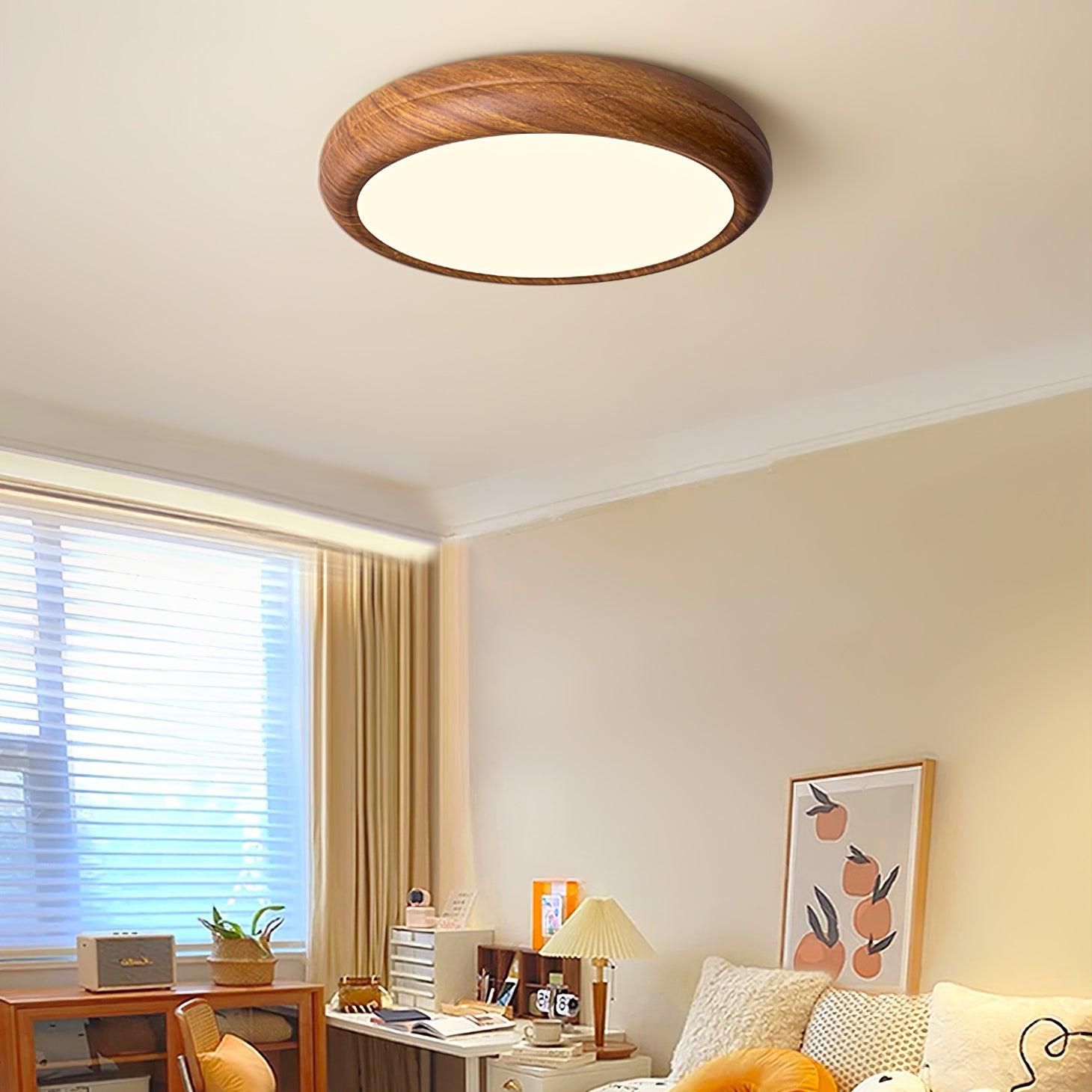 Plafoniera LED rotonda a soffitto con venatura del legno, stile japandi e scandinavo