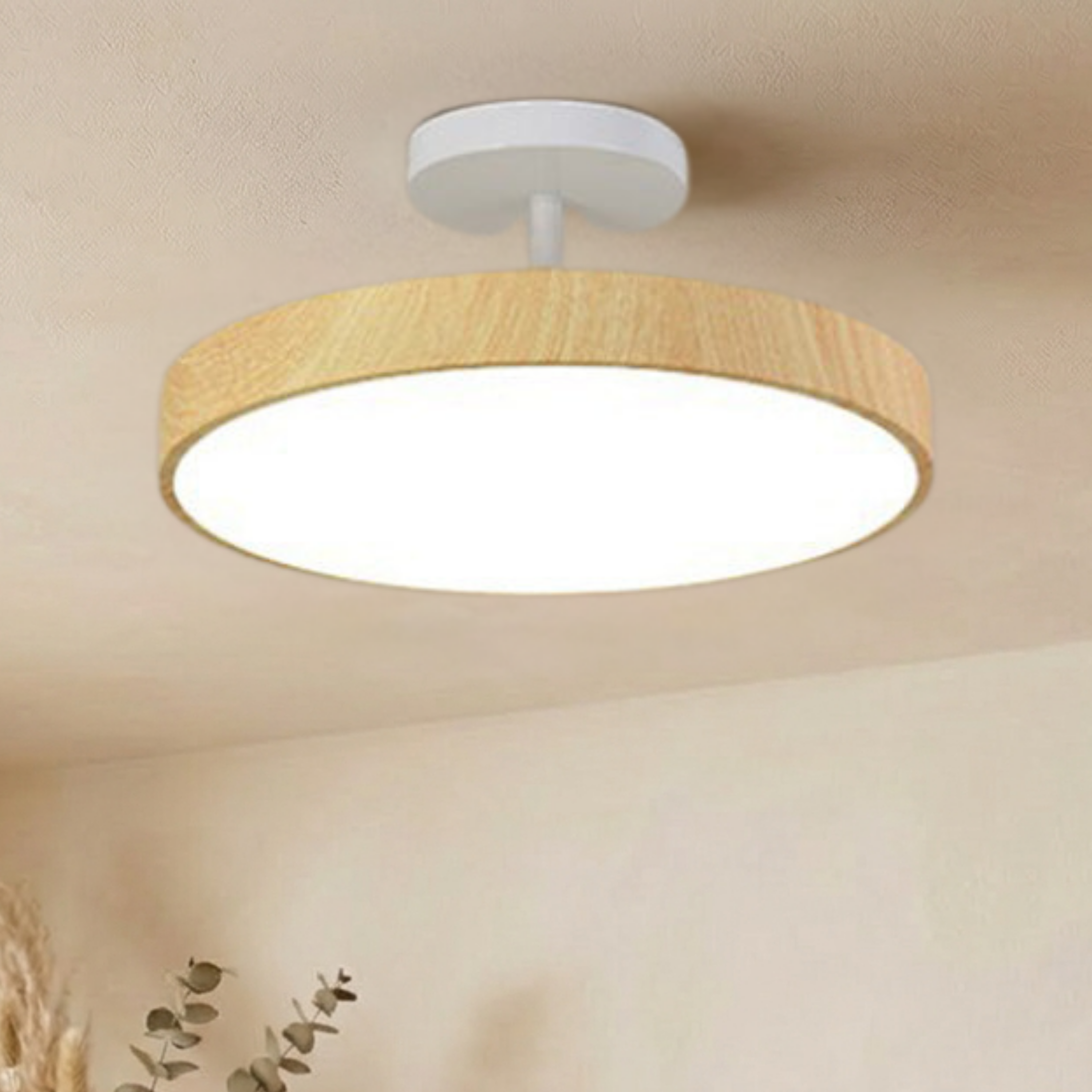 Plafoniera LED rotonda con venatura del legno