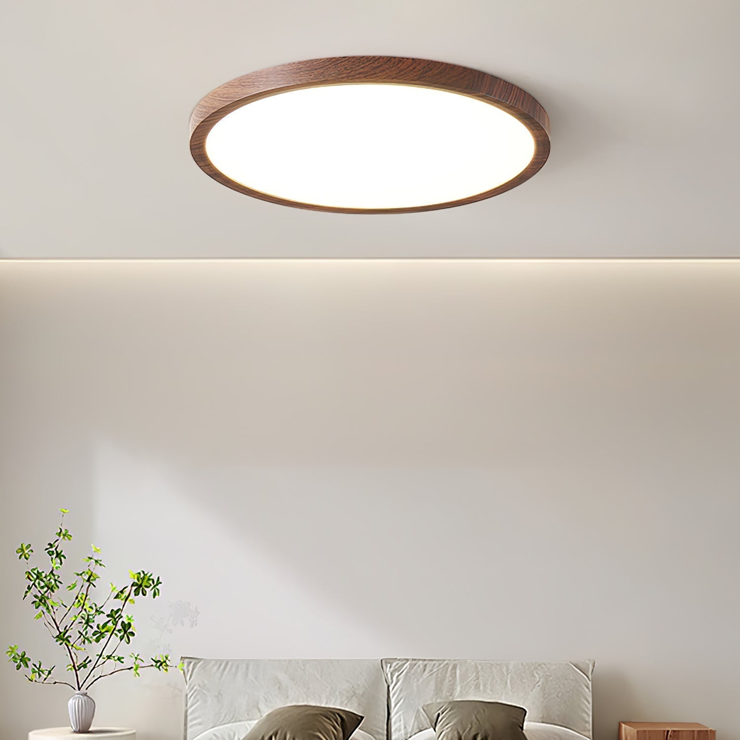 Plafoniera LED rotonda ultrasottile effetto legno noce, dimmerabile