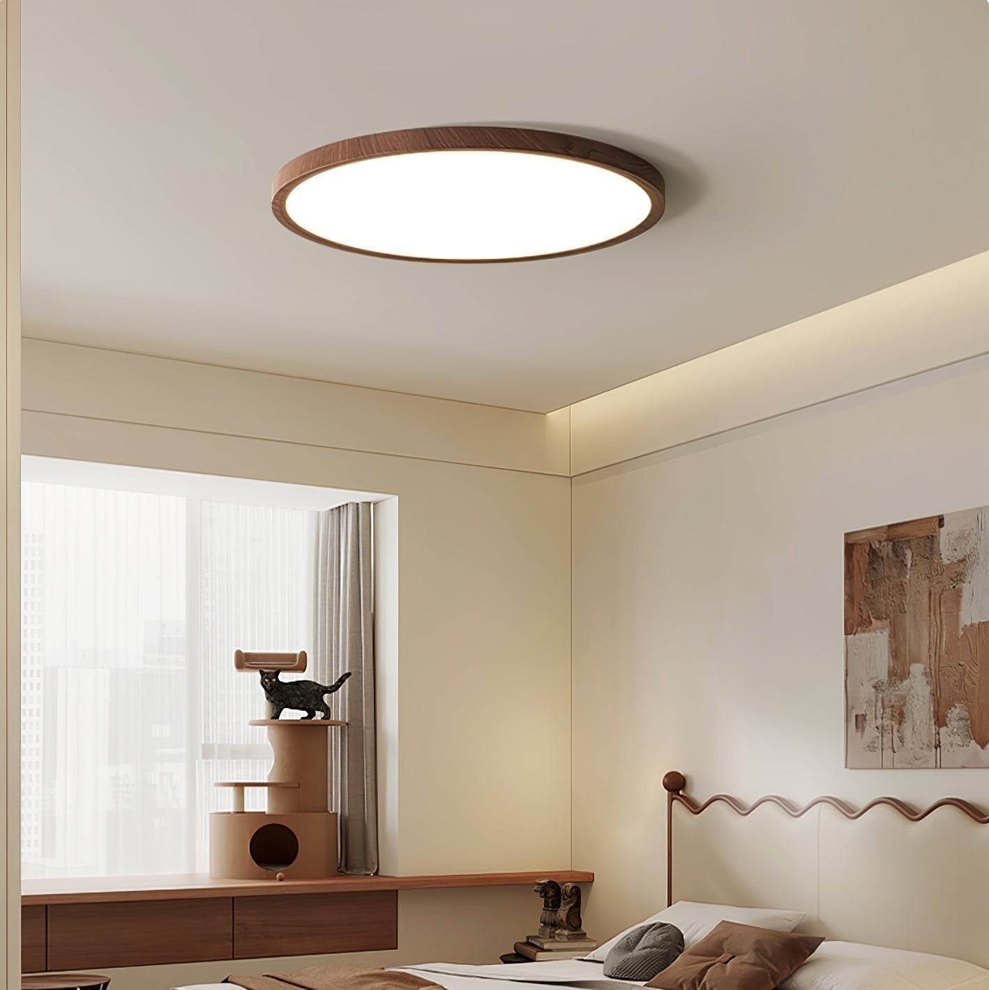 Plafoniera LED rotonda ultrasottile effetto legno noce, dimmerabile