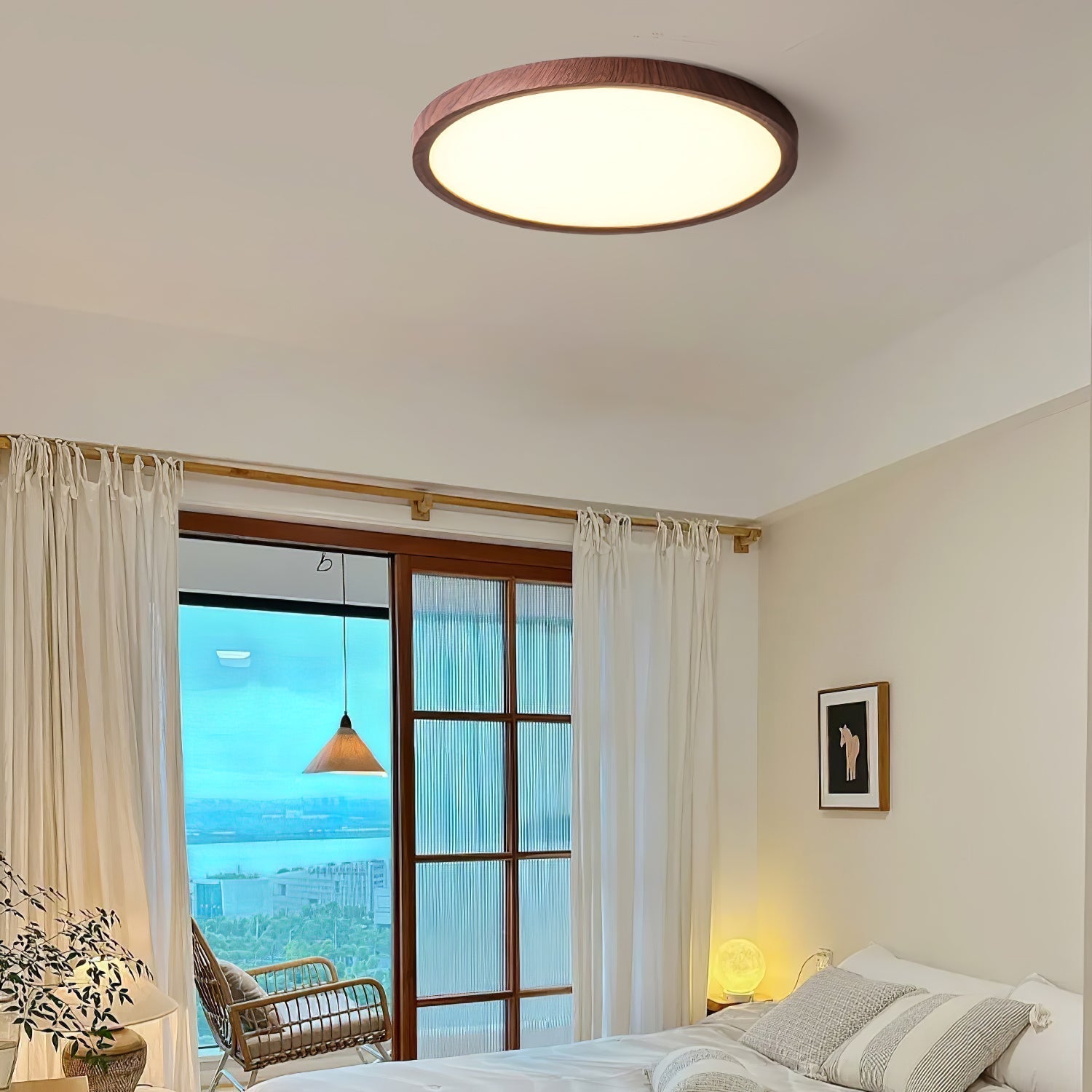 Plafoniera LED rotonda ultrasottile effetto legno noce, dimmerabile
