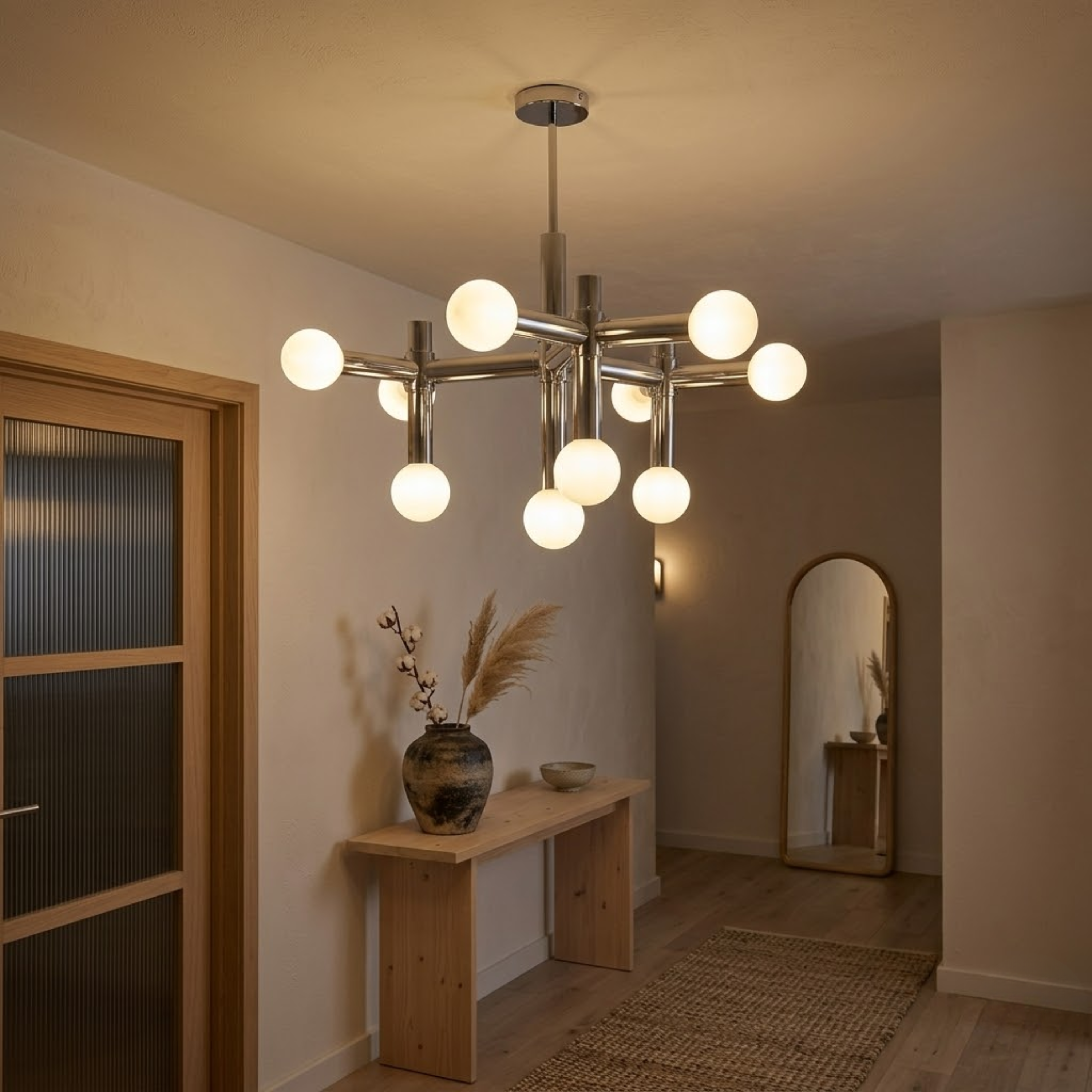 Plafoniera LED scandinava cromata a più bracci con globi in vetro opalino