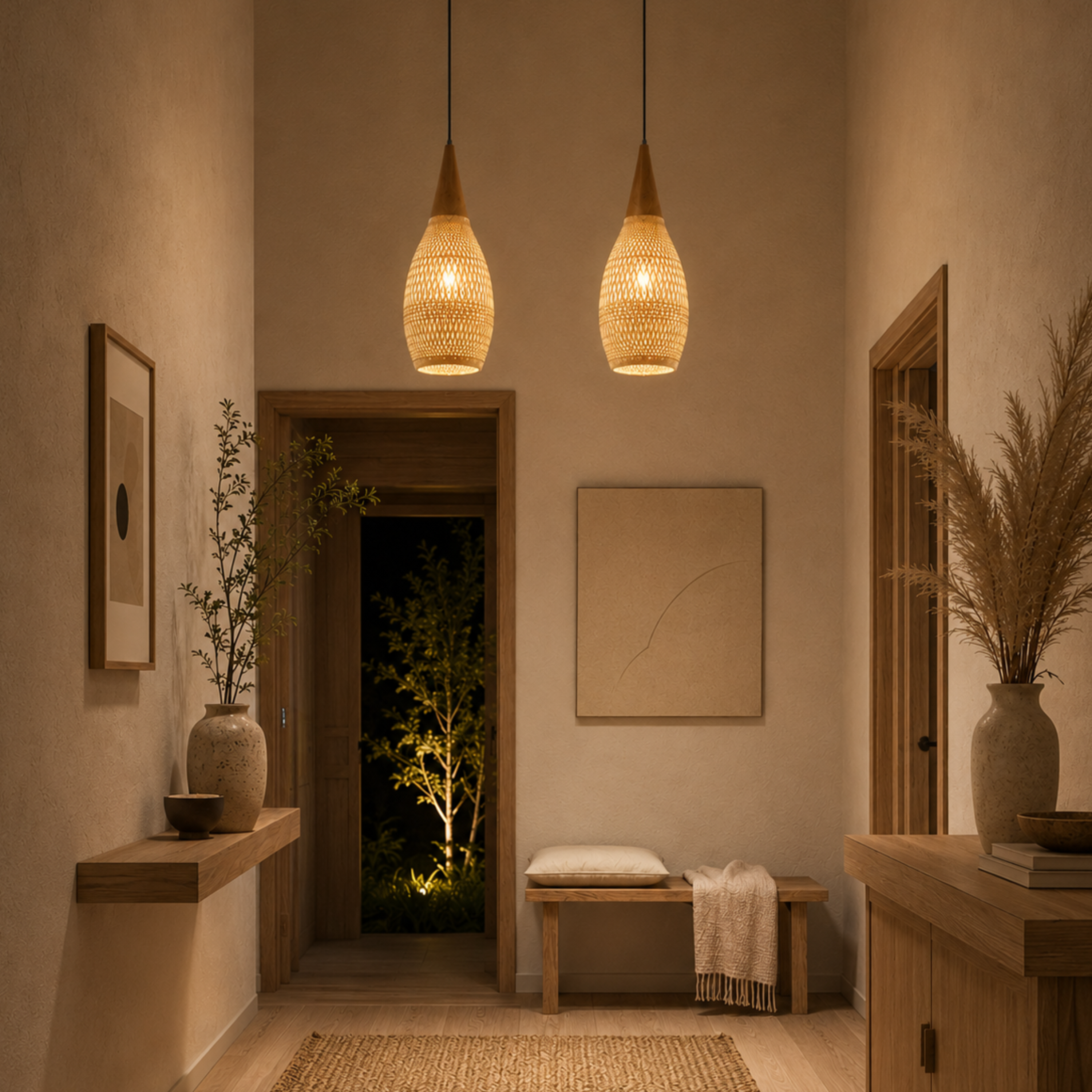 Plafoniera vintage in rattan, legno e alluminio per soggiorno e camera da letto