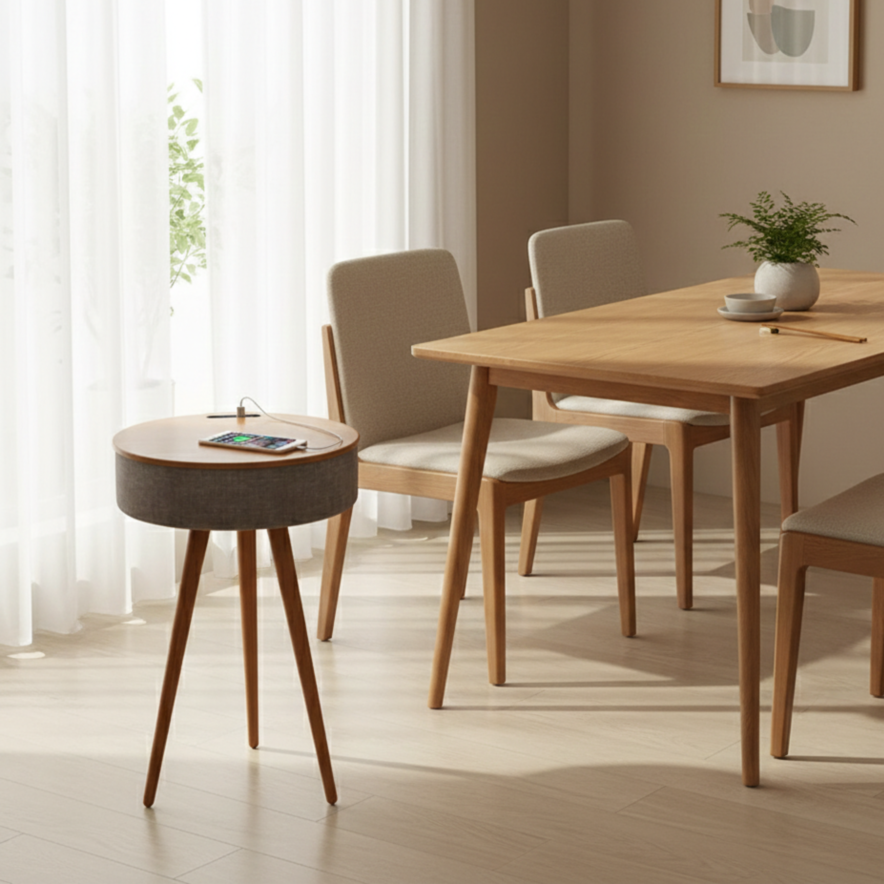 Tavolino rotondo smart con ricarica wireless e altoparlante Bluetooth