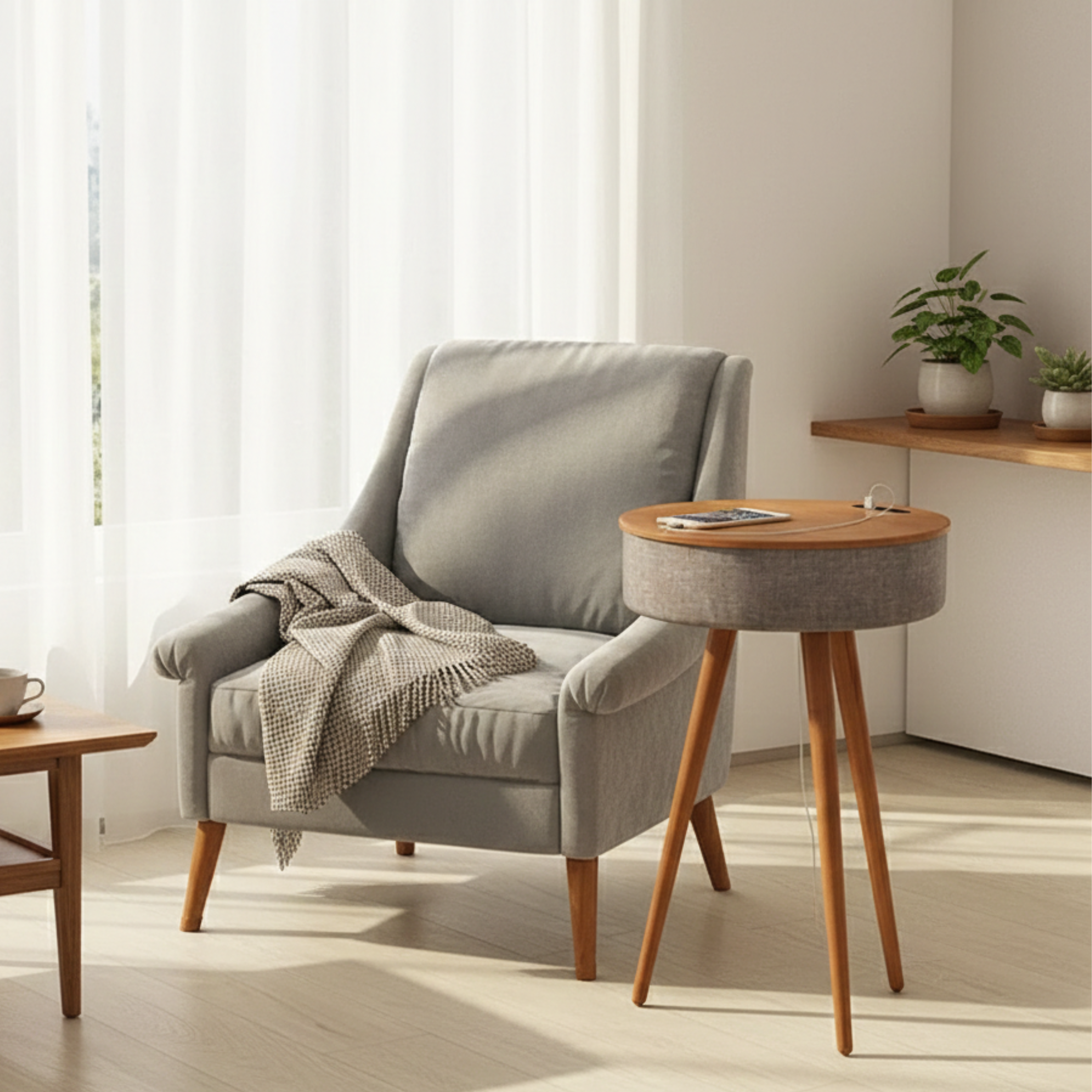 Tavolino rotondo smart con ricarica wireless e altoparlante Bluetooth