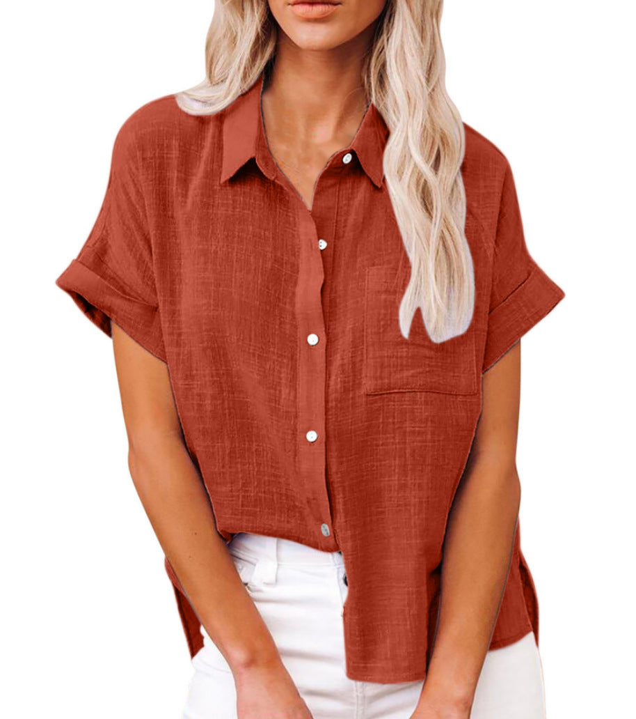 Settimia | Blusa in lino con taschino e maniche corte