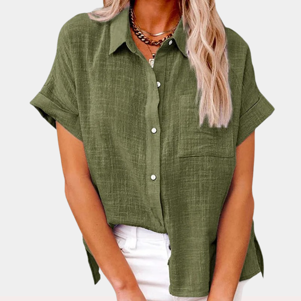 Settimia | Blusa in lino con taschino e maniche corte