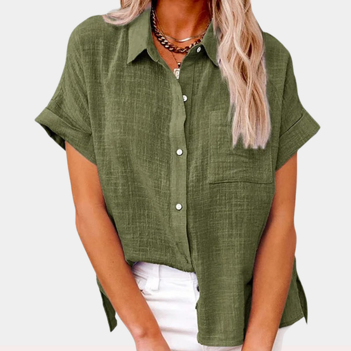 Settimia | Blusa in lino con taschino e maniche corte