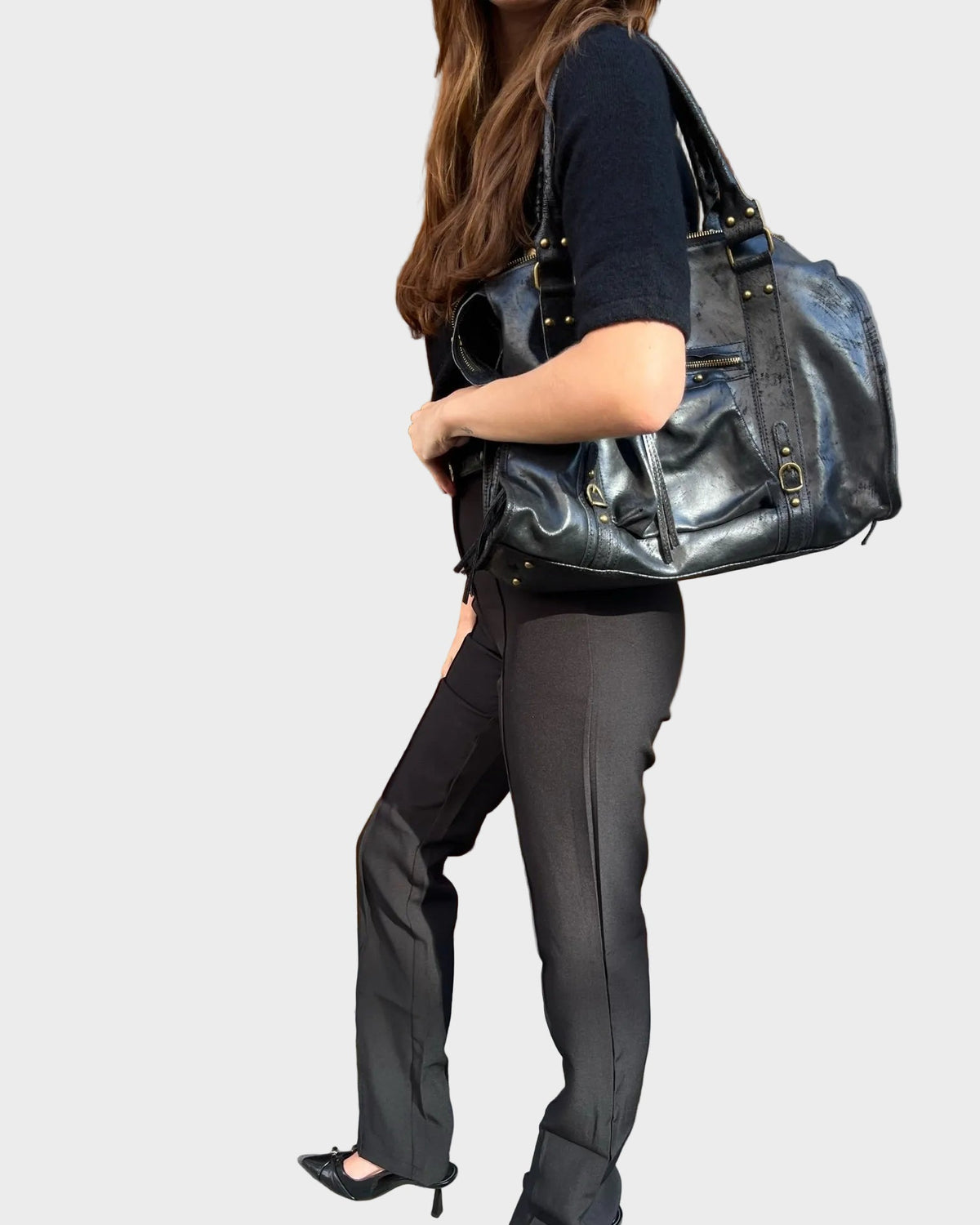 Adua borsa a spalla donna grande con zip e borchie, foto 6