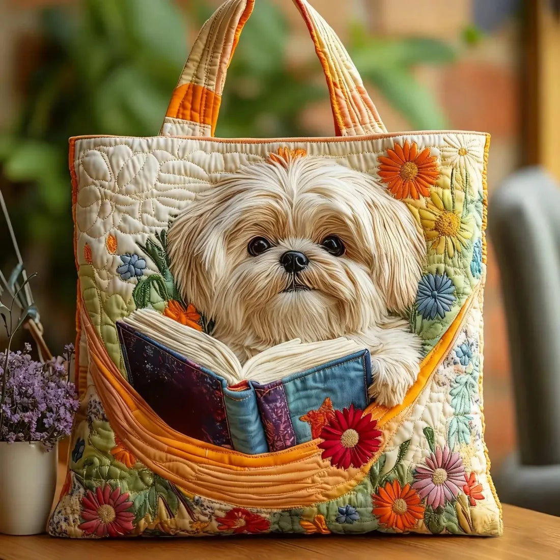 Amanzia borsa shopper donna trapuntata con cagnolino e fiori, foto 1