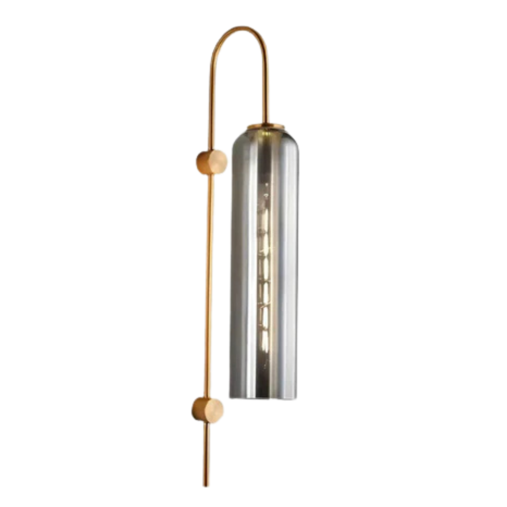 Applique ad arco color ottone con cilindro in vetro testurizzato, lampada da parete da interni