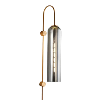Applique ad arco color ottone con cilindro in vetro testurizzato, lampada da parete da interni